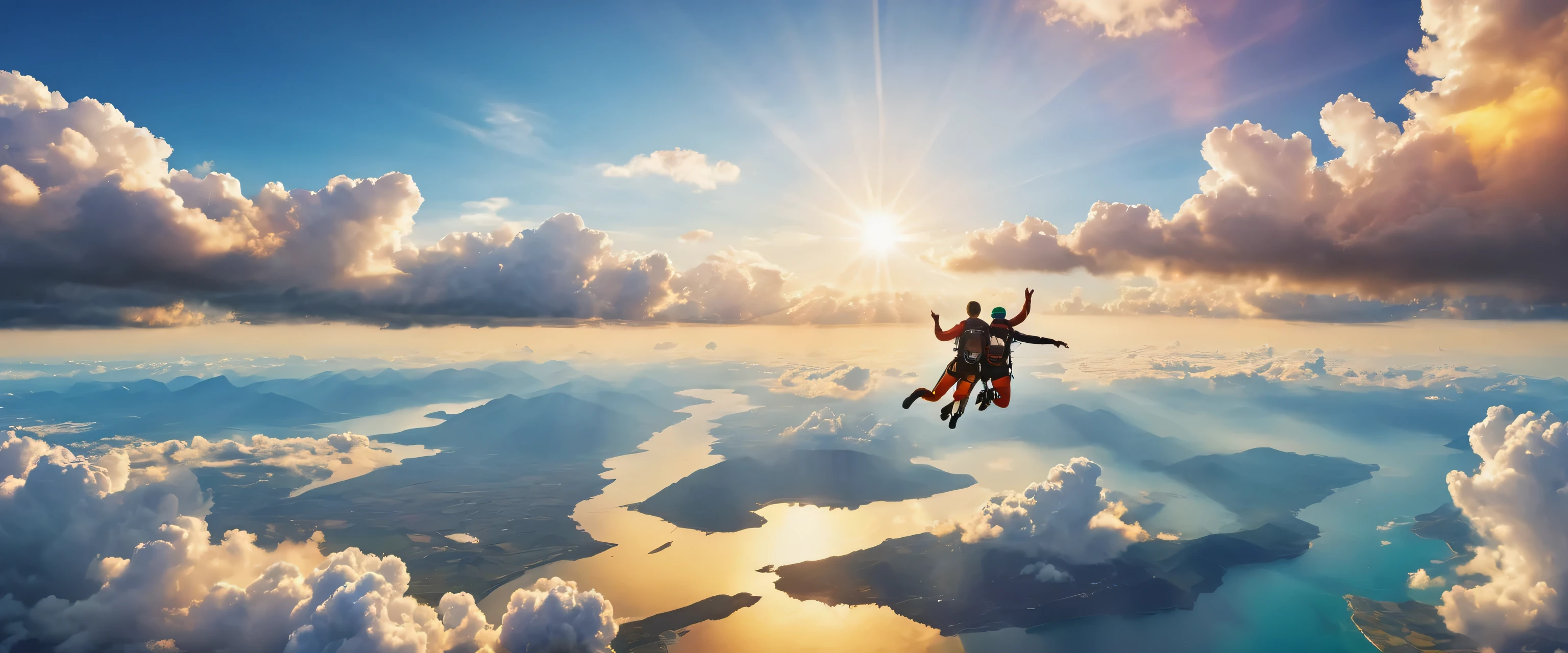 man and woman skydiving,Taken from above,hold hands,flight,horizon,photograph,reality,be familiar with,Gentle color,Vibrant colors,cloud,they are,プロのphotograph家が撮影した,panorama,masterpiece,Highestmasterpiece,Light and shadow,rendering,Photoreal,beautiful sea,beautiful sky,dream-like,Highest級のカメラを使用して撮影したphotograph,見る人の心を動かすphotograph,unreal engine,Awards,Nice views,Beautiful light effect,anatomically correct,fun,Highest,colorful,natureな色合い,nature,Highestの構図,