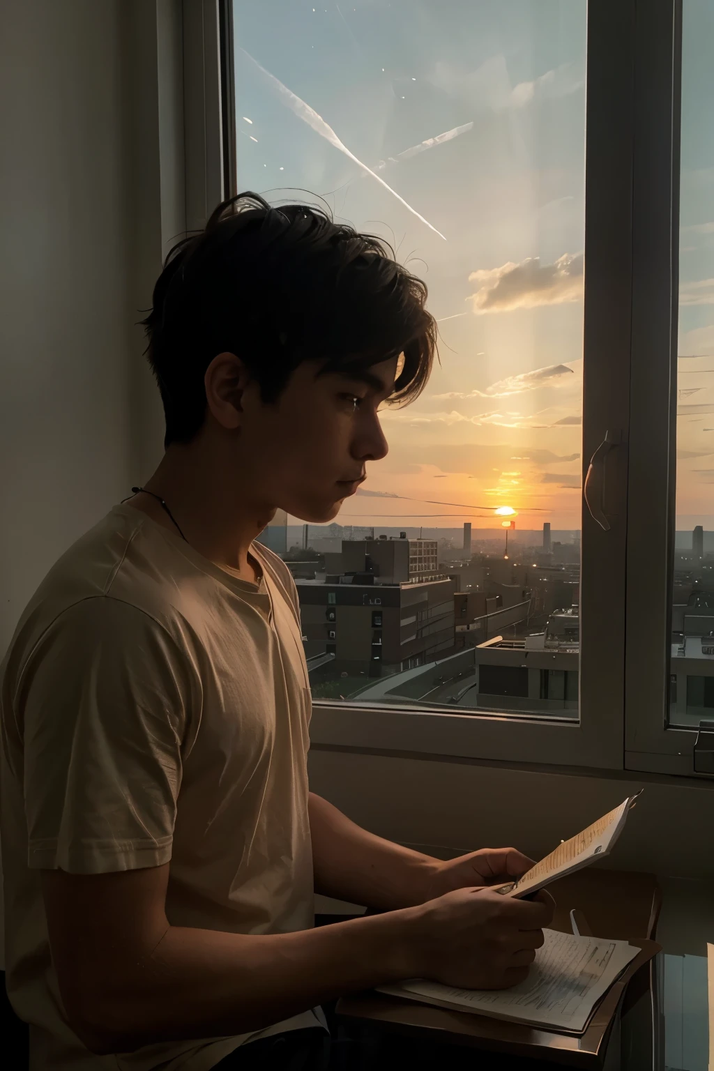 Boy studying with the sunset on the window, anime, He lives in a building.  