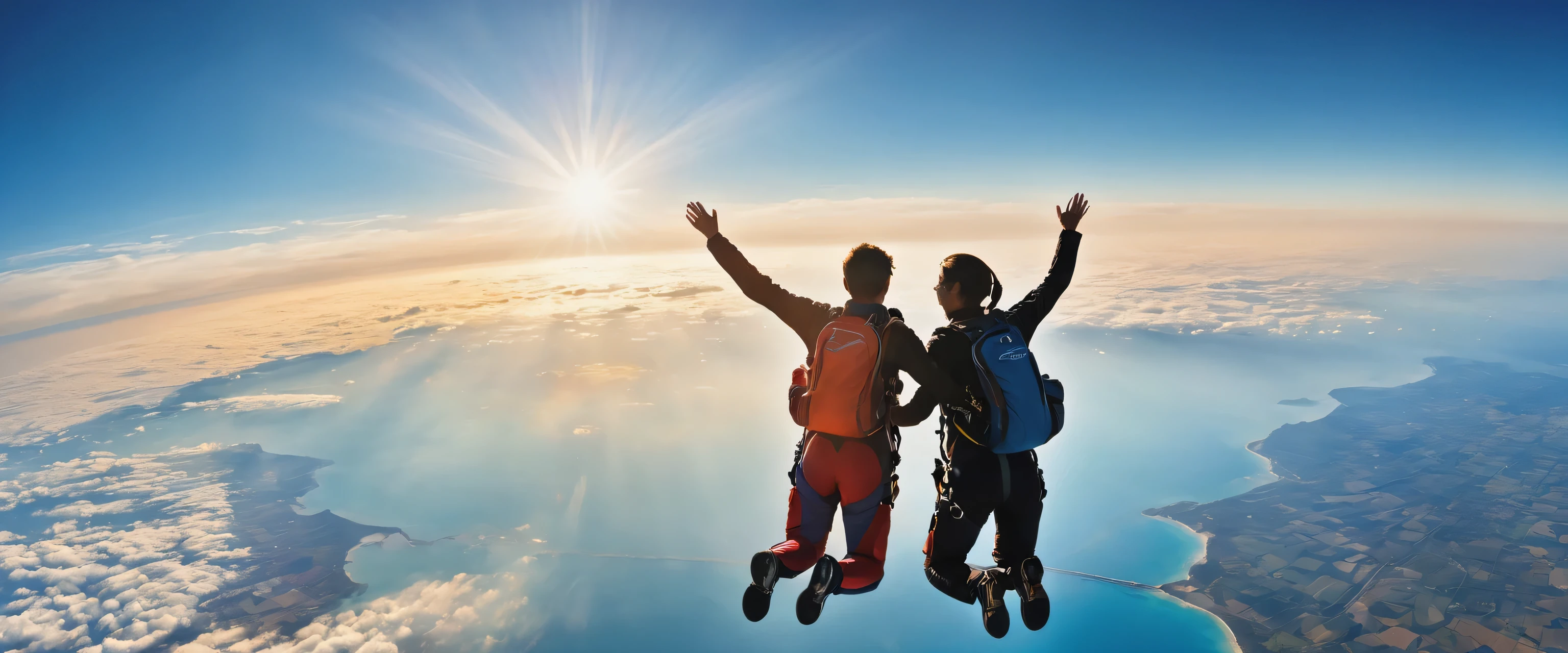 man and woman skydiving,Taken from above,hold hands,flight,horizon,photograph,reality,be familiar with,Gentle color,Vibrant colors,cloud,they are,プロのphotograph家が撮影した,panorama,masterpiece,Highestmasterpiece,Light and shadow,rendering,Photoreal,beautiful sea,beautiful sky,dream-like,Highest級のカメラを使用して撮影したphotograph,見る人の心を動かすphotograph,unreal engine,Awards,Nice views,Beautiful light effect,anatomically correct,fun,Highest,colorful,natureな色合い,nature,Highestの構図,