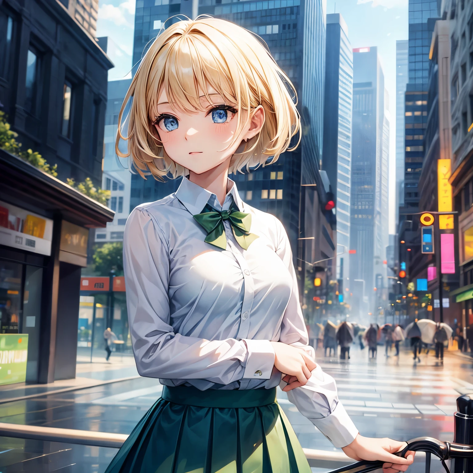 1 girl, blond, short hair, blue eyes, White shirt, green tie, green skirt, City, rain, Detailed background