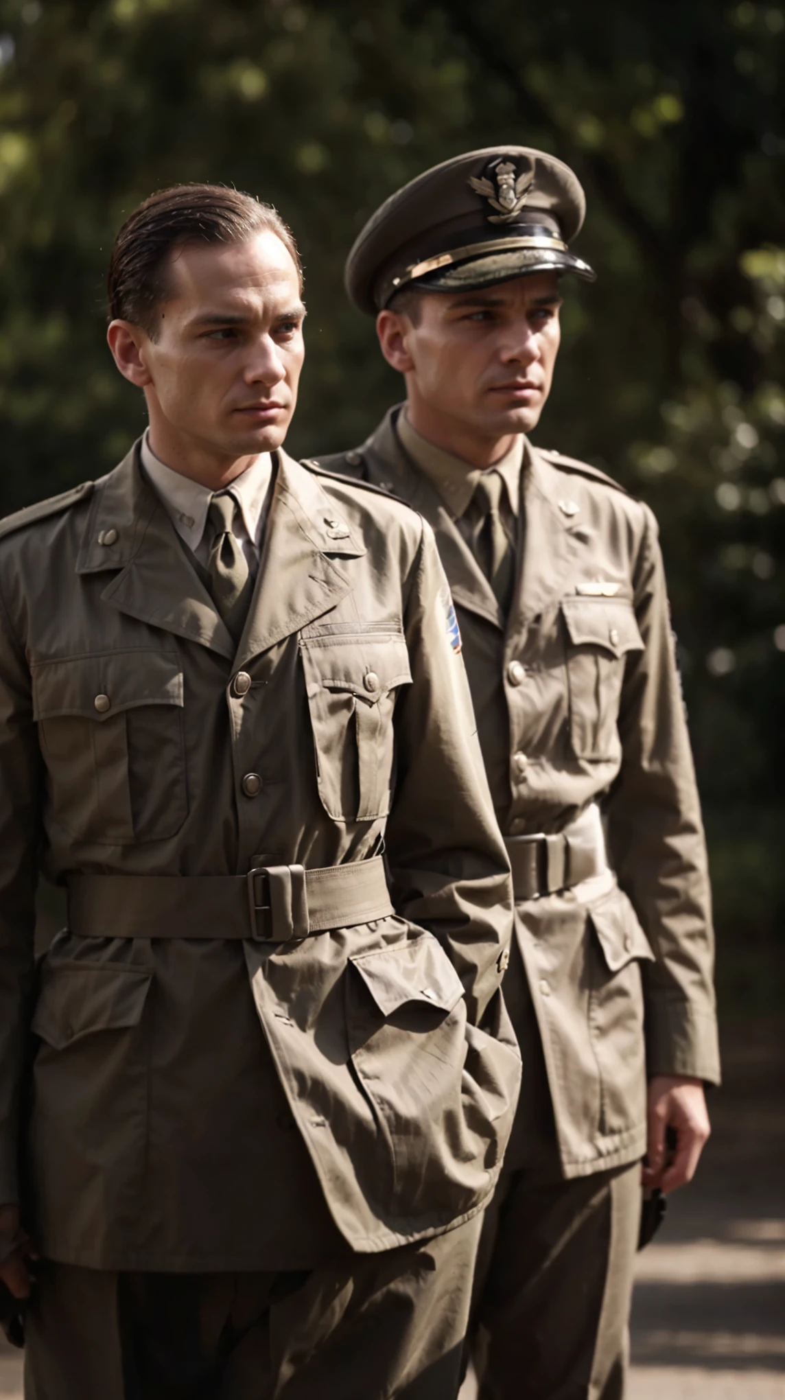 "Produce an image of two army comrades, dressed in uniform, strolling through a beautifully landscaped garden. The garden's serene atmosphere contrasts with their military attire, highlighting the harmony of nature and the bond between the two soldiers."