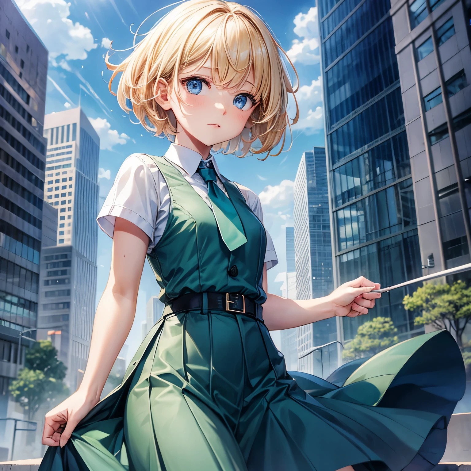 1 girl, blond, short hair, blue eyes, White shirt, green tie, green skirt, City, rain, Detailed background 