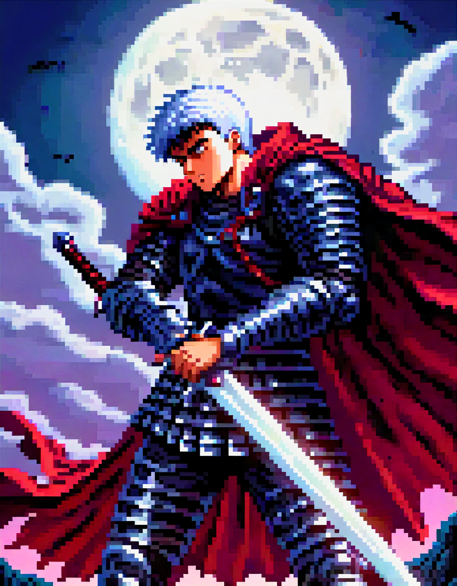 masterpiece, best quality, highly detailed, guts \(berserk\), 1boy, armor, bandages, black hair, cape, full moon, huge weapon, male focus, manly, moon, multicolored hair, one eye closed, scar, solo, sword, weapon, white hair