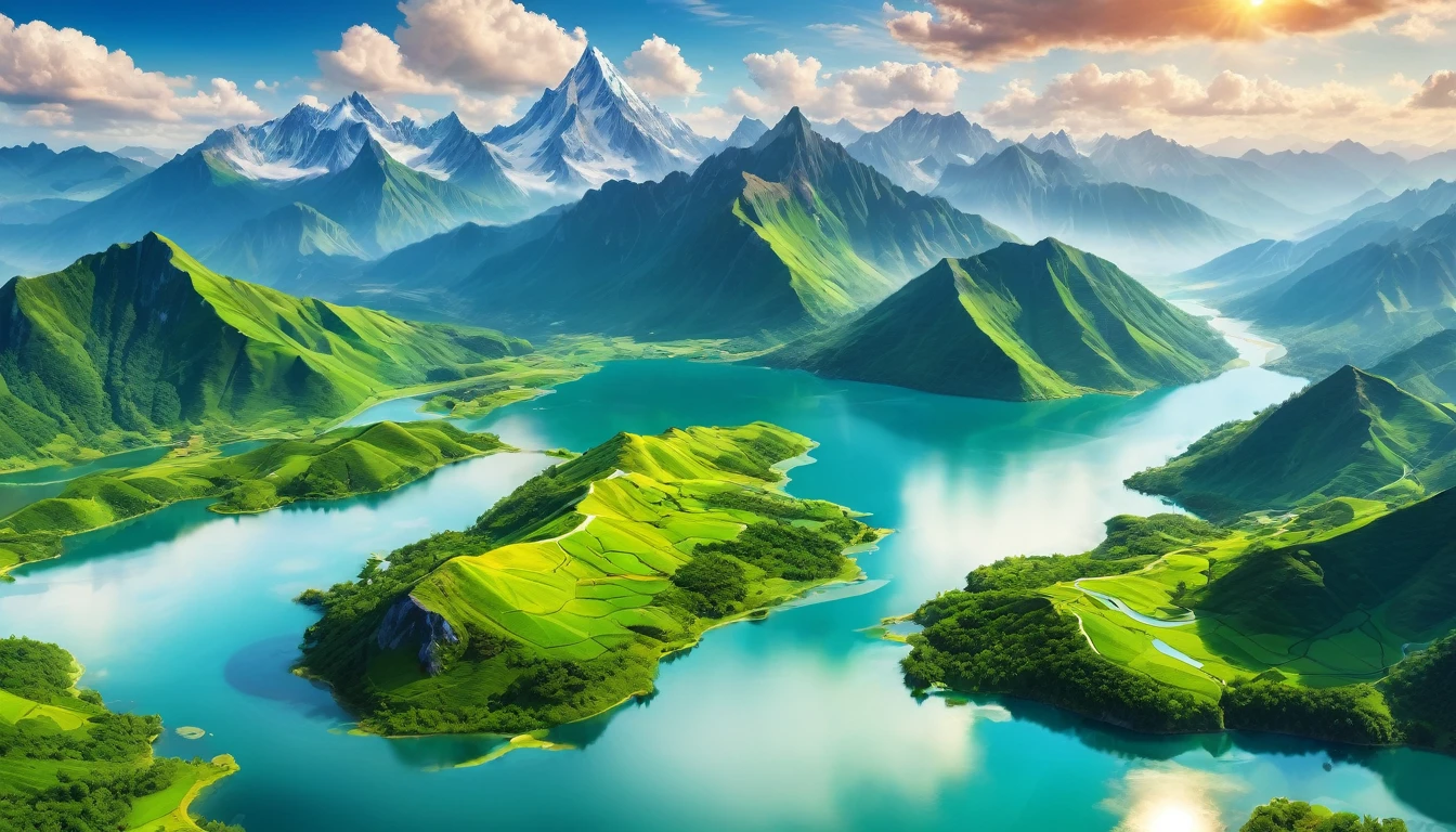 (best quality,ultra-detailed,highres:1.2),vivid colors,landscape,aerial view,mountains,valleys,rolling hills,lush greenery,crystal clear lakes,snaking rivers,sunlit clouds,flying birds,stunning panorama,picturesque scenery