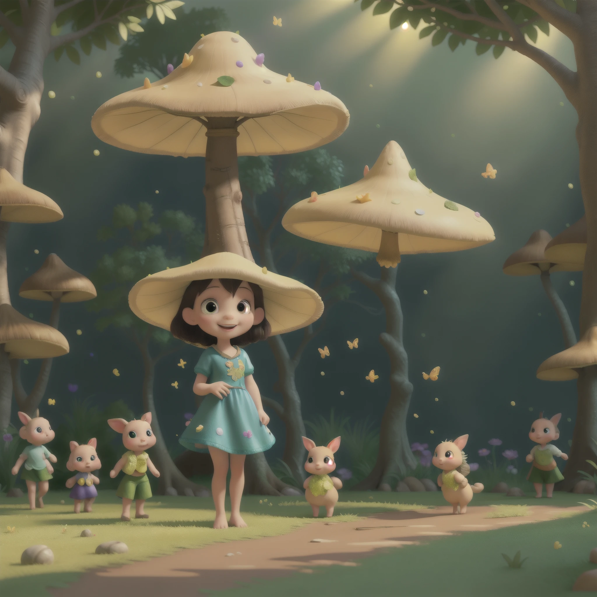 (best quality,highres,masterpiece:1.2),ultra-detailed,realistic,photorealistic:1.37,a group of adorable kids,exploring a magical forest,filled with playful creatures,having a picnic on a lush green meadow,underneath a colorful rainbow,tall and enchanting trees surrounding them,a sparkling river flowing by,misty morning light casting a dreamy atmosphere,delightful fairies dancing in the air,gentle butterflies fluttering around,cheerful laughter and joyous expressions,crystal-clear reflections in the water,sunlight filtering through the leaves,creating mesmerizing patterns on the ground,fluffy clouds floating in the clear blue sky,soft grass tickling their bare feet,vibrant flowers blooming in every corner,diverse bird species singing harmoniously,huge mushroom houses scattered around,little rabbits hopping around curiously,endless exploration and adventures,pure innocence and happiness,treasure-hunting in hidden caves and secret paths,golden sunlight shining through the trees,surrounded by colorful sparkles and magic,amazed expressions on their faces,eyes twinkling with wonder and curiosity,creating lifelong memories and fostering imagination.
