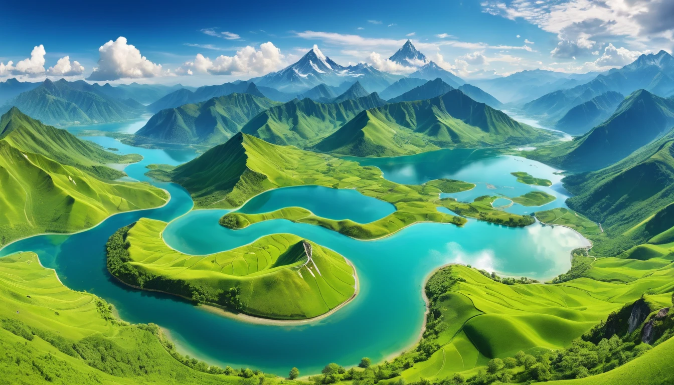 (best quality,ultra-detailed,highres:1.2),vivid colors,landscape,aerial view,mountains,valleys,rolling hills,lush greenery,crystal clear lakes,snaking rivers,sunlit clouds,flying birds,stunning panorama,picturesque scenery