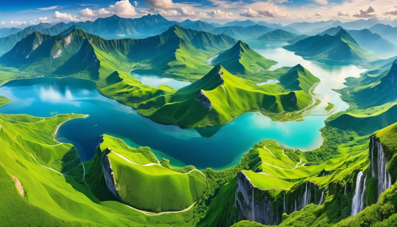 (best quality,ultra-detailed,highres:1.2),vivid colors,landscape,aerial view,mountains,valleys,rolling hills,lush greenery,crystal clear lakes,snaking rivers,sunlit clouds,flying birds,stunning panorama,picturesque scenery