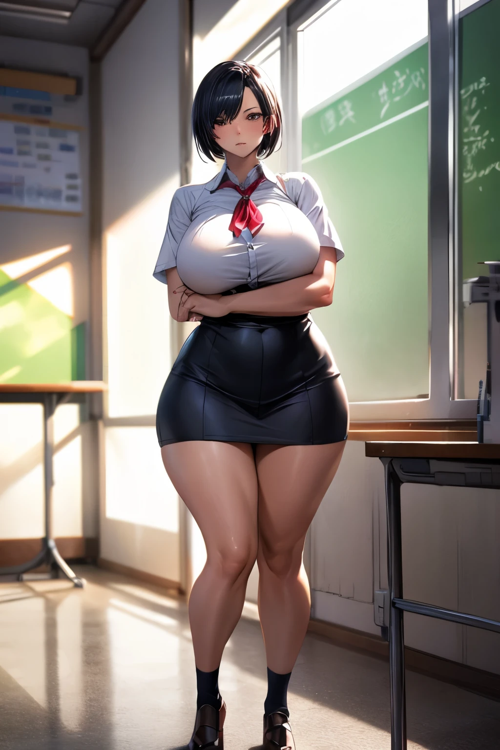 Solo highest quality, masterpiece, Very detailed CG, Highly detailed 8k wallpaper, indoor, classroom, masterpiece, highest quality, extreme details, chubby anime style, sharp focus, intricate details, 1 girl, huge breasts, High resolution, white school shirt, navy blue skirt, 8k, Tomboy, black hair, brown eyes, woman, Fair skin, sensual, short black hair, high high school girl, Are standing, hourglass illustration, cool face, short hair, sharp and cool face, calm expression, Fair skin, quite tall, full body shot, , high school girl, white shirt, brown eyes, Didn't&#39;Write, cross your arms underneath(huge breasts 1.8),plump thighs,thick calves,