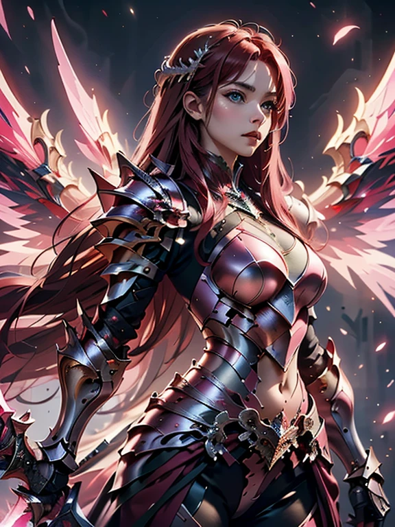 (masterpiece, best quality:1.2), Character design, ((1 girl, solo)), warrior of xian, slim body, medium chest, skinny waist, ((long deep red hair)). blue eyes. (((pink fantasy armor a female knight in a pink full armor))), (((big pauldrons, intricate details))), (((large armor wings))), (((advanced weapon fantasy plasma sword in right hand))), (standing), (((side body view))), plain gray background, masterpiece, HD high quality, 8K ultra high definition, ultra definition,