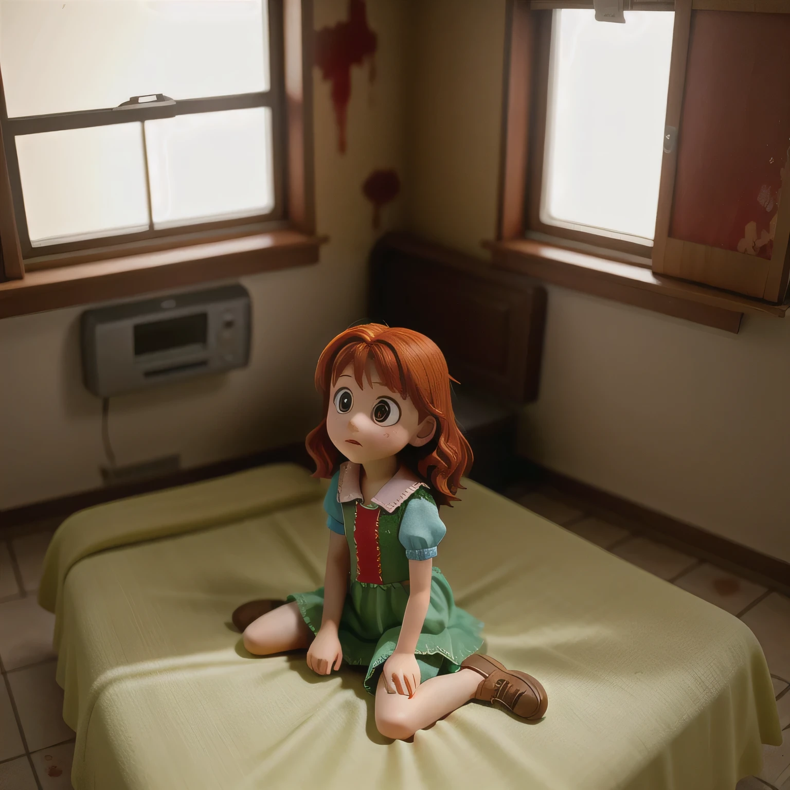 a photo of Aurora Maricá, pequena  ruiva, olhos cor de mel, 8 anos de idade, vestido rasgado e manchado de sangue. sentado em uma cama em um quarto de hospital abandonado. A look of fear and confusion. In the room there is a window where you can see the city outside, vazio, sober, apocalyptic