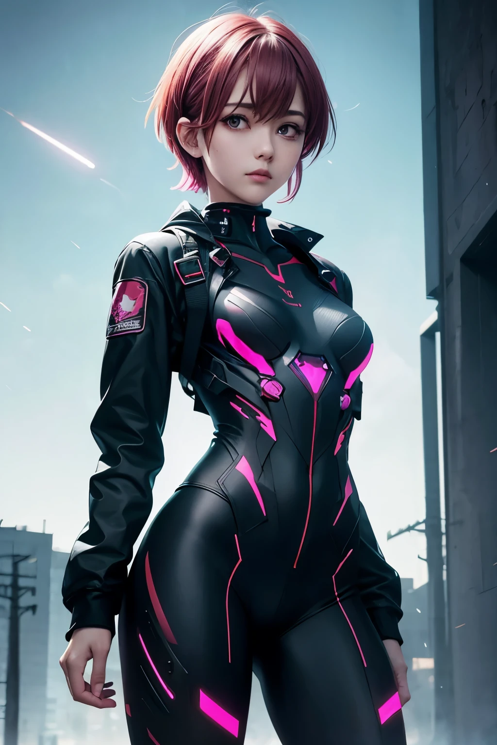 Waist up hot teen (masterpiece) with short pink hair & crossing arms, best quality, wearing skull gas mask & a tight plugsuit sci-fi soldier outfit (Evangelion style), short jacket, sharp focus, cybersamurai, glowing