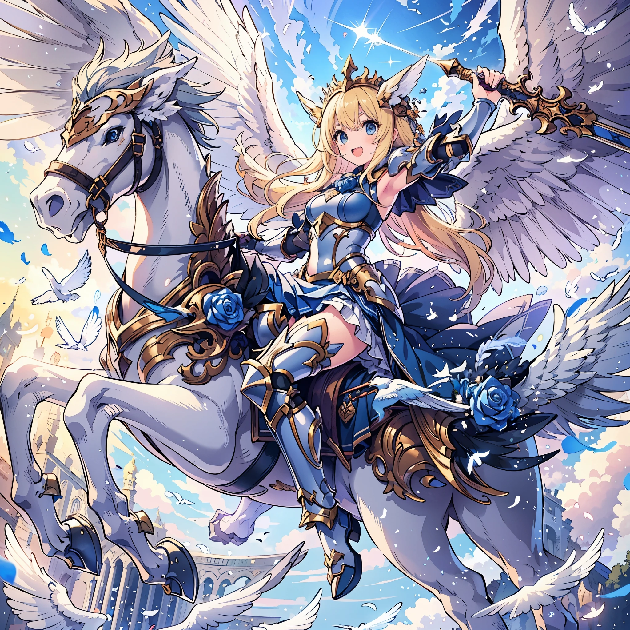 (masterpiece), best quality, 1girl, A beautiful young girl with long blonde hair wearing a blue skirt and white heavy armor, riding on a white Pegasus. The girl raises her sword in her hand and shouts, the Pegasus raises its front feet high in the air, and the Pegasus spreads its white wings in the air. Winged head gear, armor decorated with blue roses, bayonet decorated with blue roses. Pegasus, winged horse, feathers flying apart. Sacred light, blue sky and clouds, noble and elegant, glittering, fantasy art