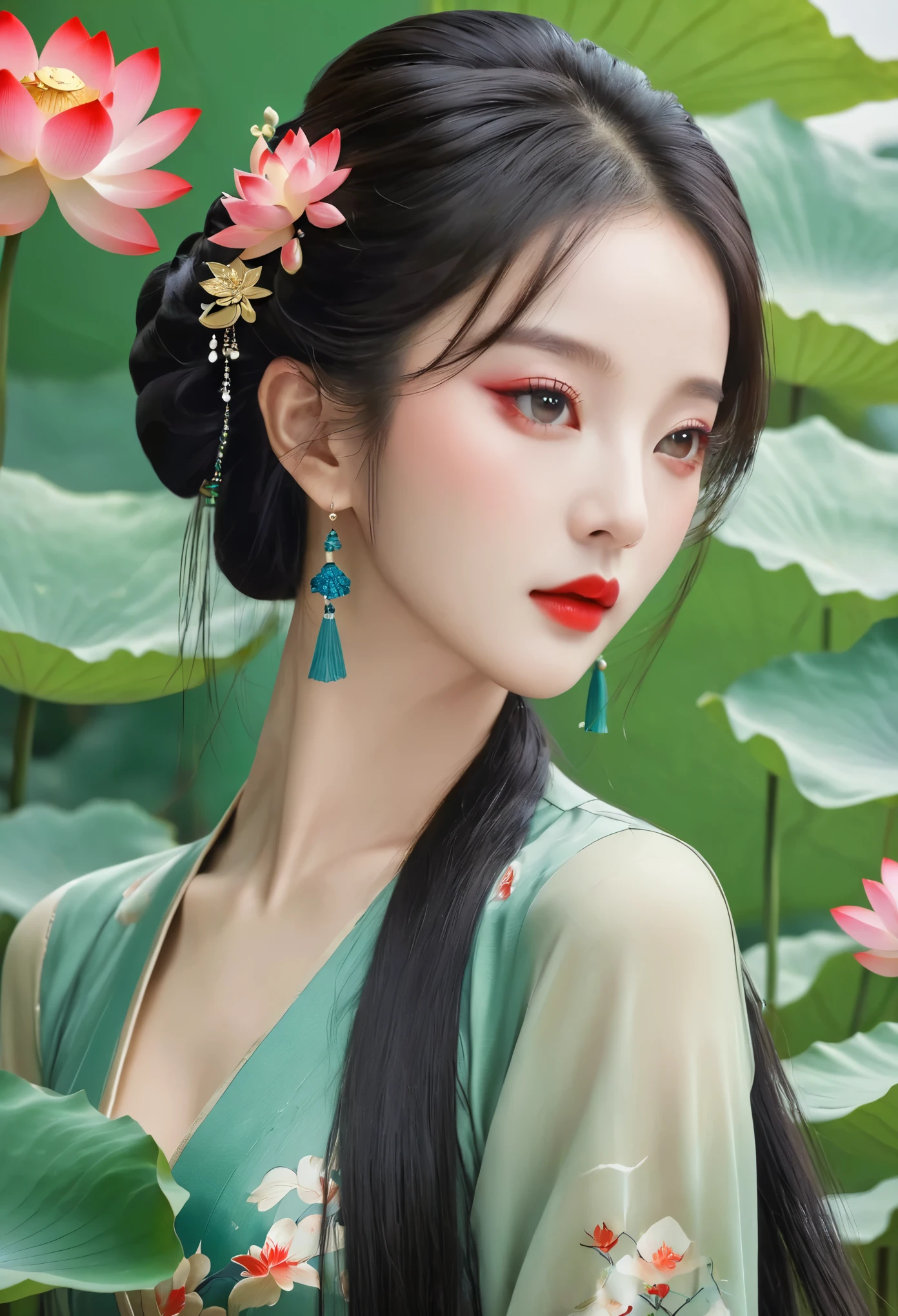 Chinese meticulous painting，Draw a beautiful girl，long black hair，Exquisite makeup，red eye shadow，red lips，lotus leaf，lotus，clean background，smooth lines，