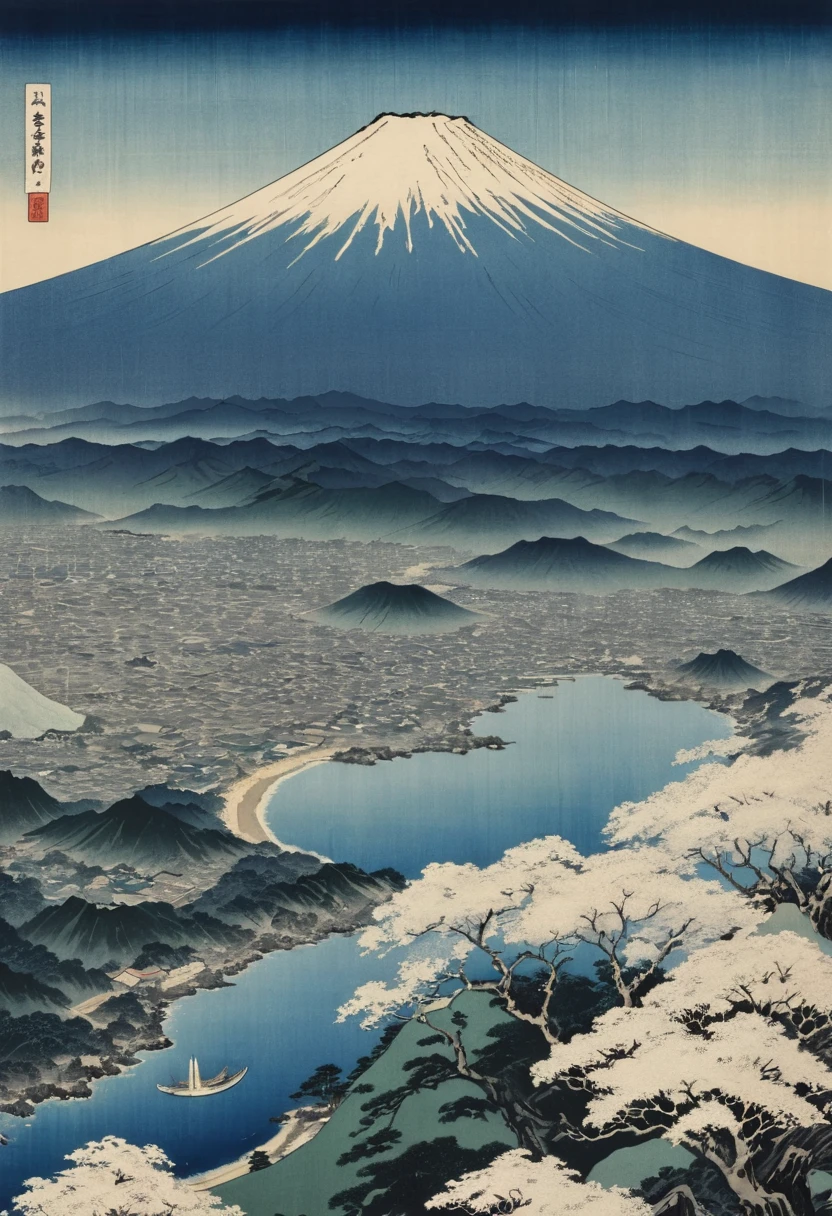 Aerial View of Fujiyama, by Ito Shinsui, best quality, masterpiece, 8k, Representative work, official art, Professional, Ultra intricate detailed