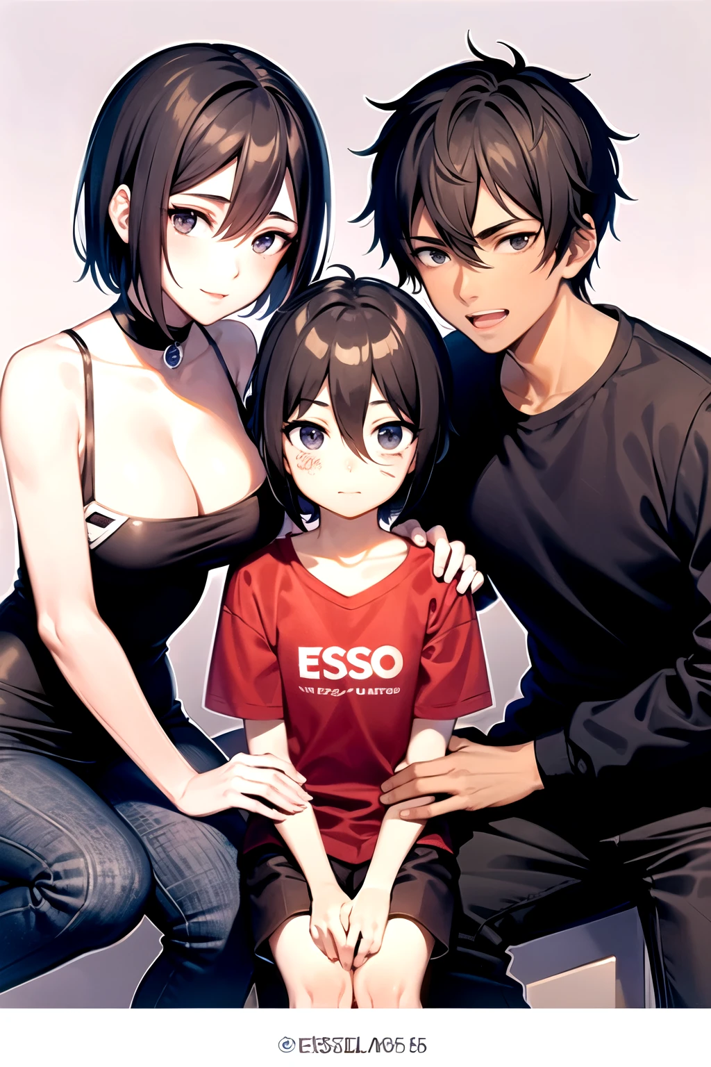 1boy and 2girls, Esso_Group_,EssoGroupR5, Skin, Black Jacket, Red T-Shirt, Black Jeans, White shoe, Black Hair, Blue eye, BodyShirt, Bodyshoe, Small, mikasa ackerman, black hair, (black eyes:1.5), hair between eyes, short hair, Esso and Mikasa