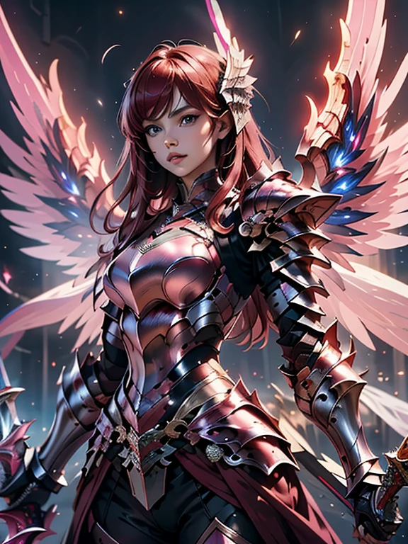 (masterpiece, best quality:1.2), Character design, ((1 girl, solo)), warrior of xian, slim body, medium chest, skinny waist, ((long deep red hair)). blue eyes. (((pink fantasy armor a female knight in a pink full armor))), (((big pauldrons, intricate details))), (((large armor wings))), (((advanced weapon fantasy plasma sword in right hand))), (standing), (((side body view))), plain gray background, masterpiece, HD high quality, 8K ultra high definition, ultra definition,