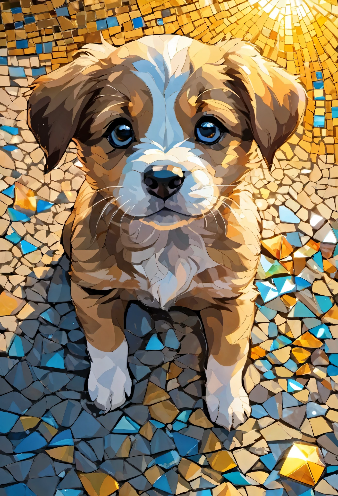 Portrait of a puppy  Adventurer ,radiant mosaic:1.2, Catch the sun:0.8, Inject warmth and energy into a space like shards of glass:0.4 Flash and dance.