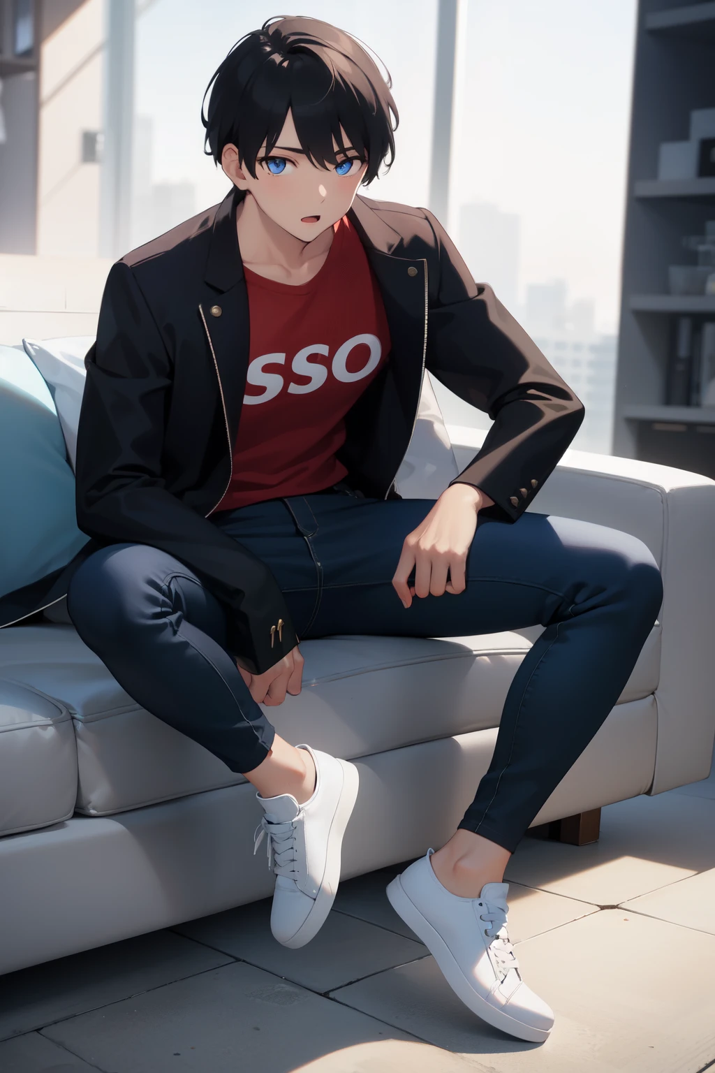 1boy, masterpiece, Esso_Group_,EssoGroupR5, Skin,  Black Jacket, Red T-Shirt, Black Jeans, White shoe, Black Hair, Blue eye, BodyShirt, Bodyshoe, Fullbody