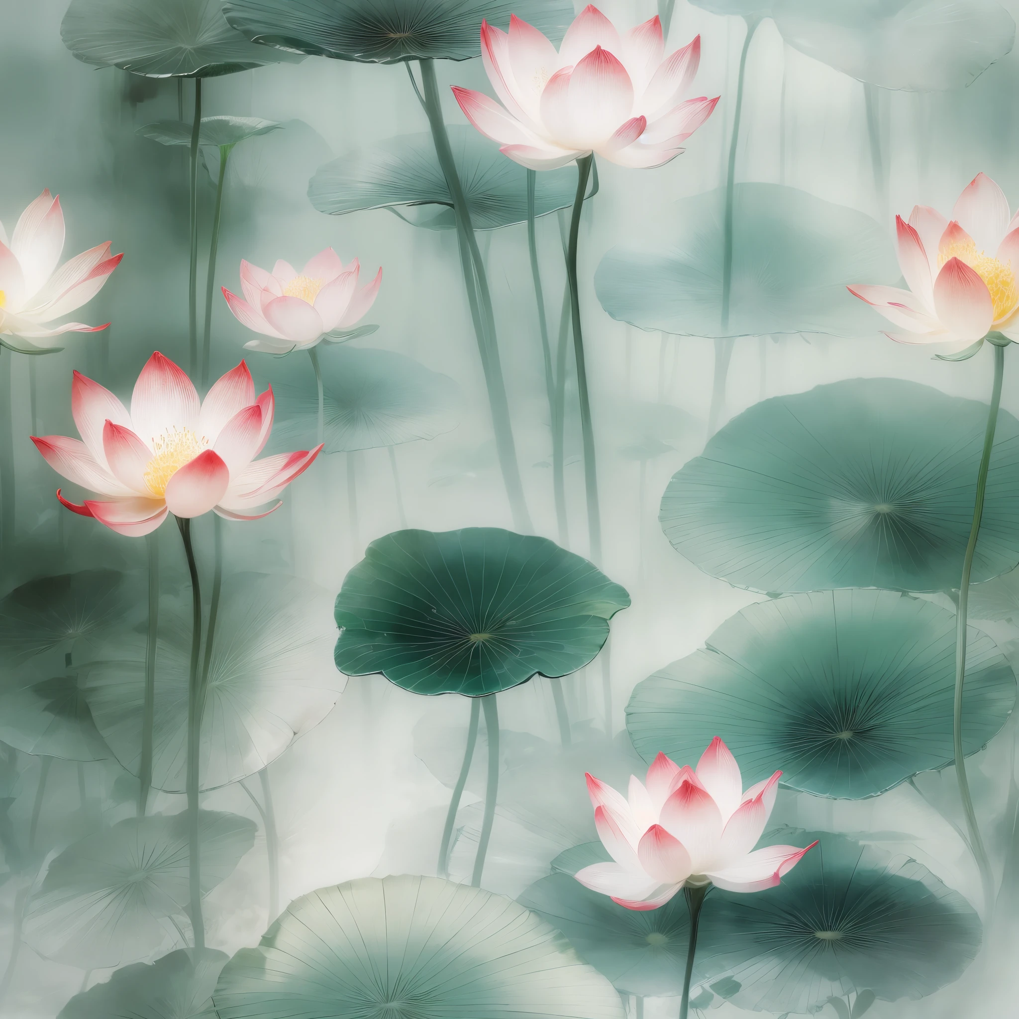 Chinese traditional ink painting，lotus，lotus leaf，glass texture、Translucent，Spectral light， 渐变半Transparent glass熔体, Caustics, Transparent glass