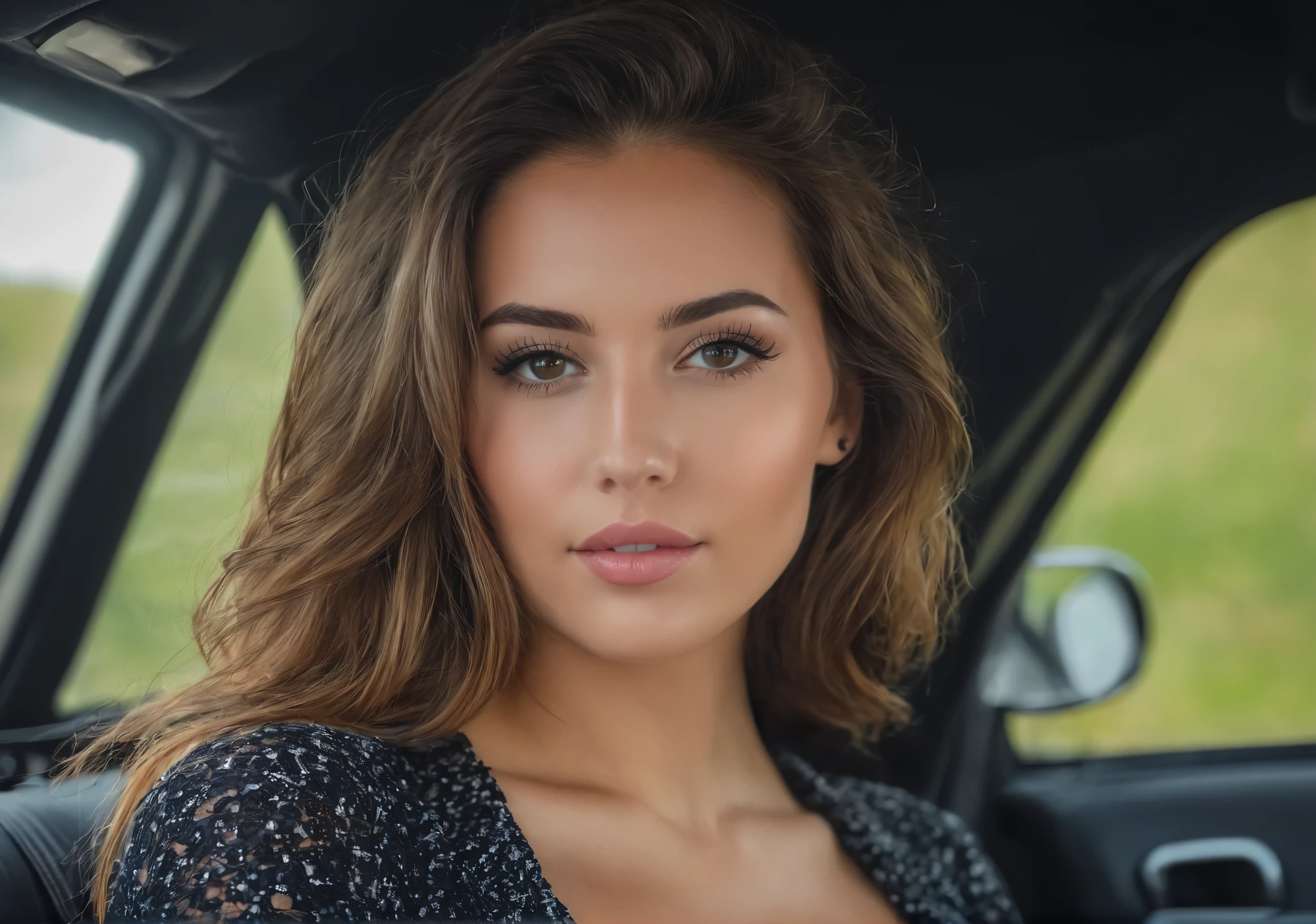 Brunette beauty.(Full Person View) (8k resolution), (Sexy), Niedlich, Verschiedene Perspektiven. (Zierlich). High sharp resolution, Jung, (Fotorealistisch), (20 Jahre alt!) , Northern European origin,( Kaukasisch, beautiful figure. Schlank. sweet charisma. Intensiver Blick , Gebildete Optik. Anmutig . (In A car). C cup size, natural breasts, natural looking. Hohe Definition. sweet little nose . instagram model, perfektes Gesicht, realistische Haut. Ultradetailliert, scharfer Kontrast, dunkle Schatten. Meisterwerk, best quality, Detaillierter Hintergrund. Full Body view!