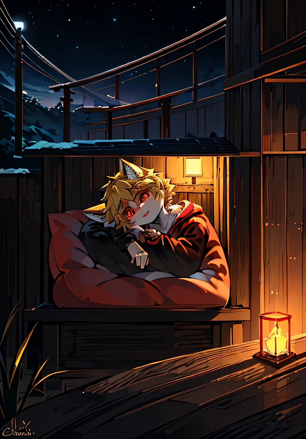 alone,1boys,human nature,furry_male,fox_boys,(Red_fur:1.3),(deTailed_fluffy_fur),(intricexiste_deTail_fluffy_fur),Tufted,(Body_fur:1.2),Oil_skin,(skin_and_fluffy_fur),Tail,short_hair,Red_Eye,blonde_hair,shorts,hoodie,Predominant_Body_close up,Oxbow_shooting,Semi-enclosed_Eye,poker face,heavy_breexisthing,watch_exist_audience. (comfortable_childhood_hiding place:1.5),night,(deTailed_background,amazing_background),Outdoor sports,landscape.