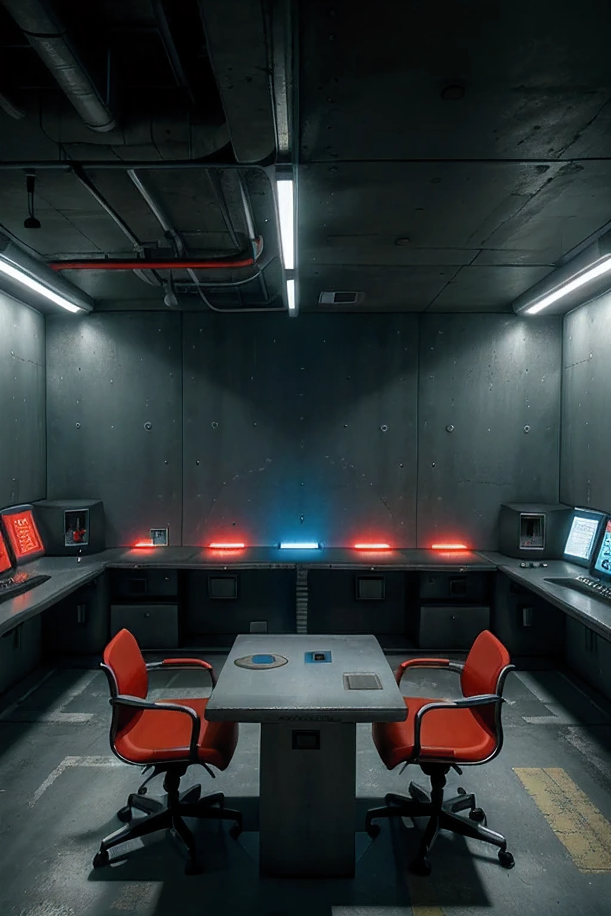 .Futuristic bunker with concrete walls and metal floor. Duas mesas brancas posicionadas estrategicamente, with three monitors and a blue ergonomic chair. Artificial blue lighting creates a cold and mysterious atmosphere, while red and yellow lights on control panels indicate systems status. perspectiva em primeira pessoa, como se estivesse entrando no bunker.