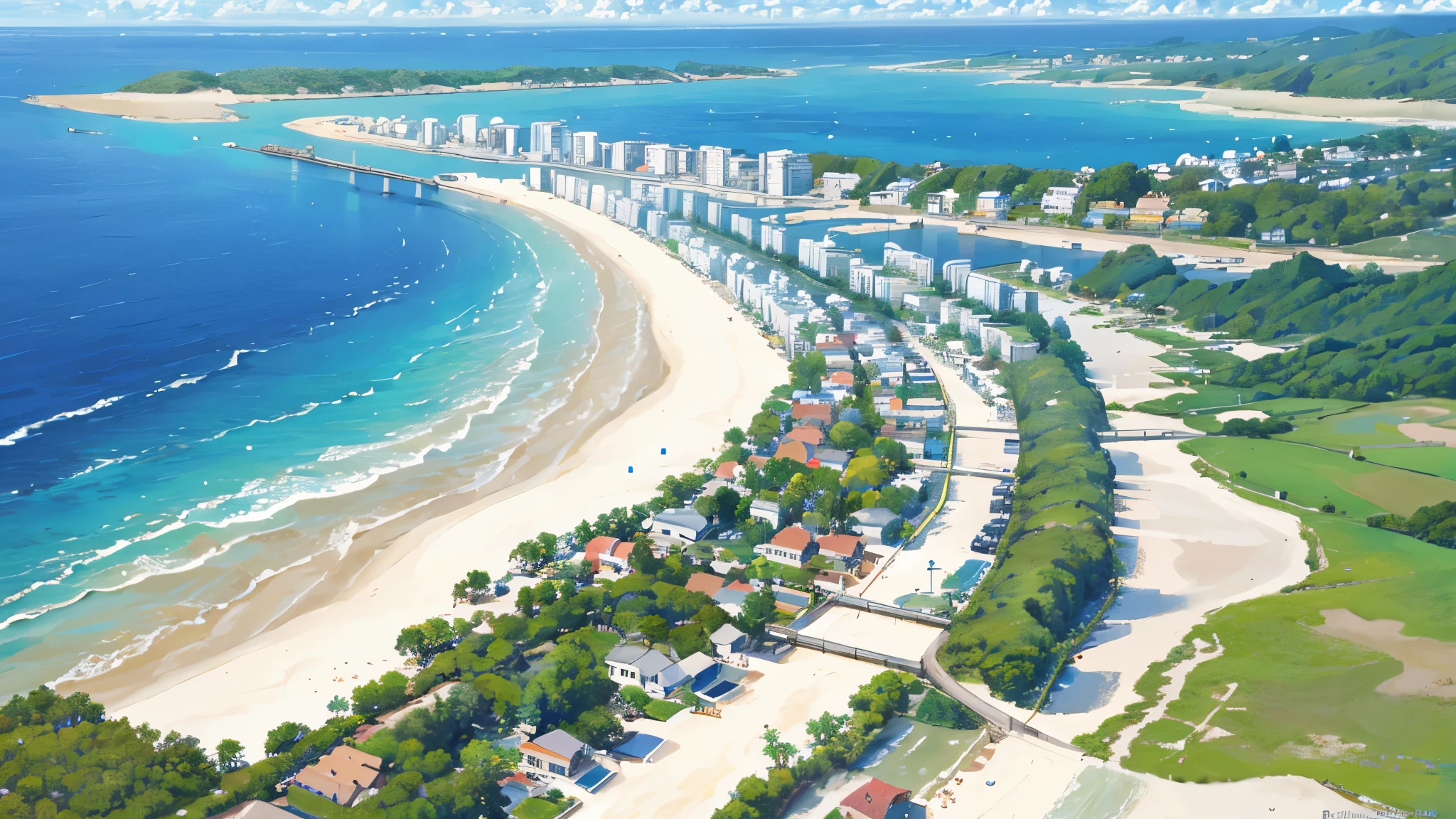 sprawling Aerial View:1.4, masterpiece, ultra high quality, extreme detail, pixel art:1.3, beautiful beachside neighborhood, inlet channel:1.2,  beach houses, trees roads, cars