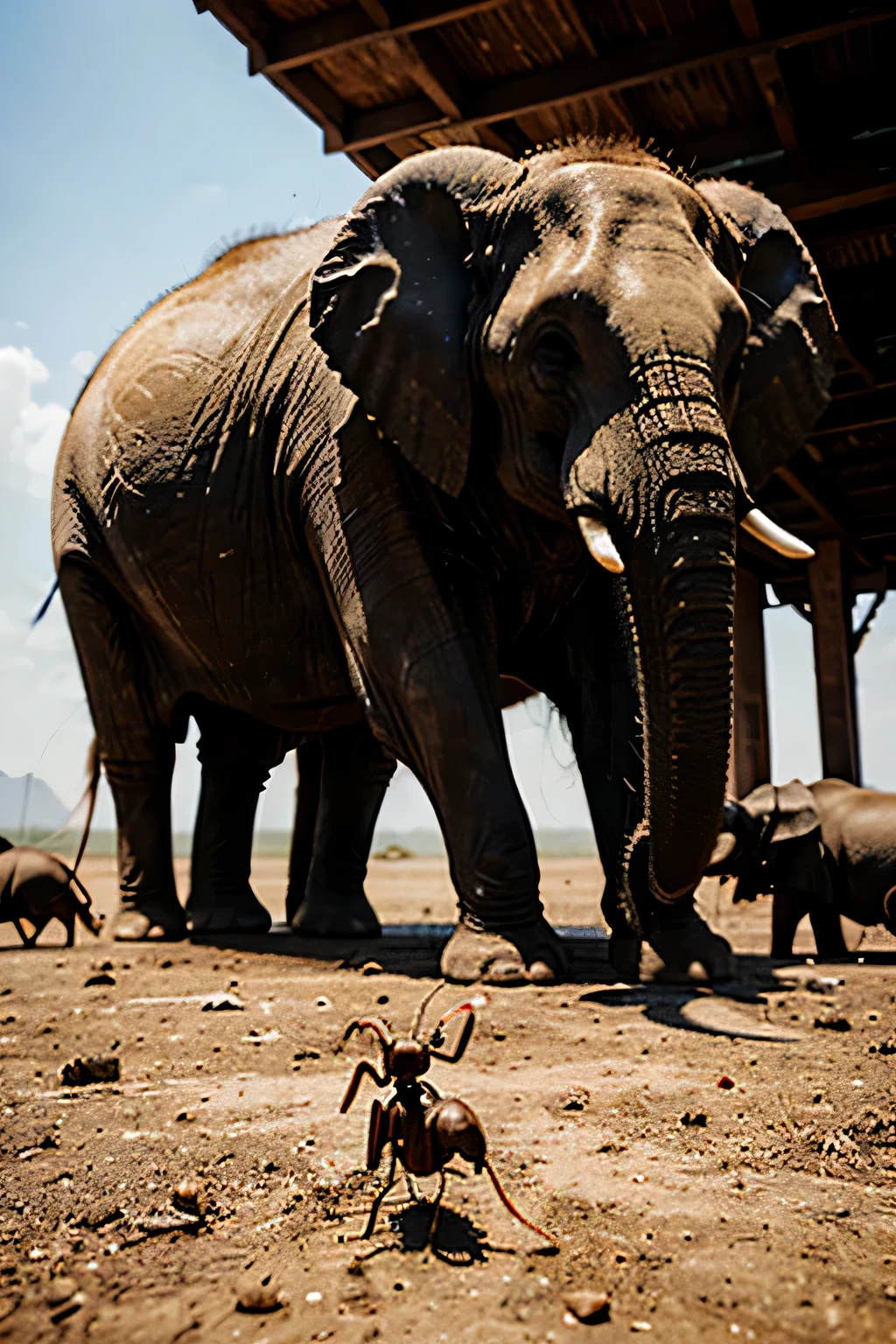 an ant surrounded by'éléphants qui la regardent