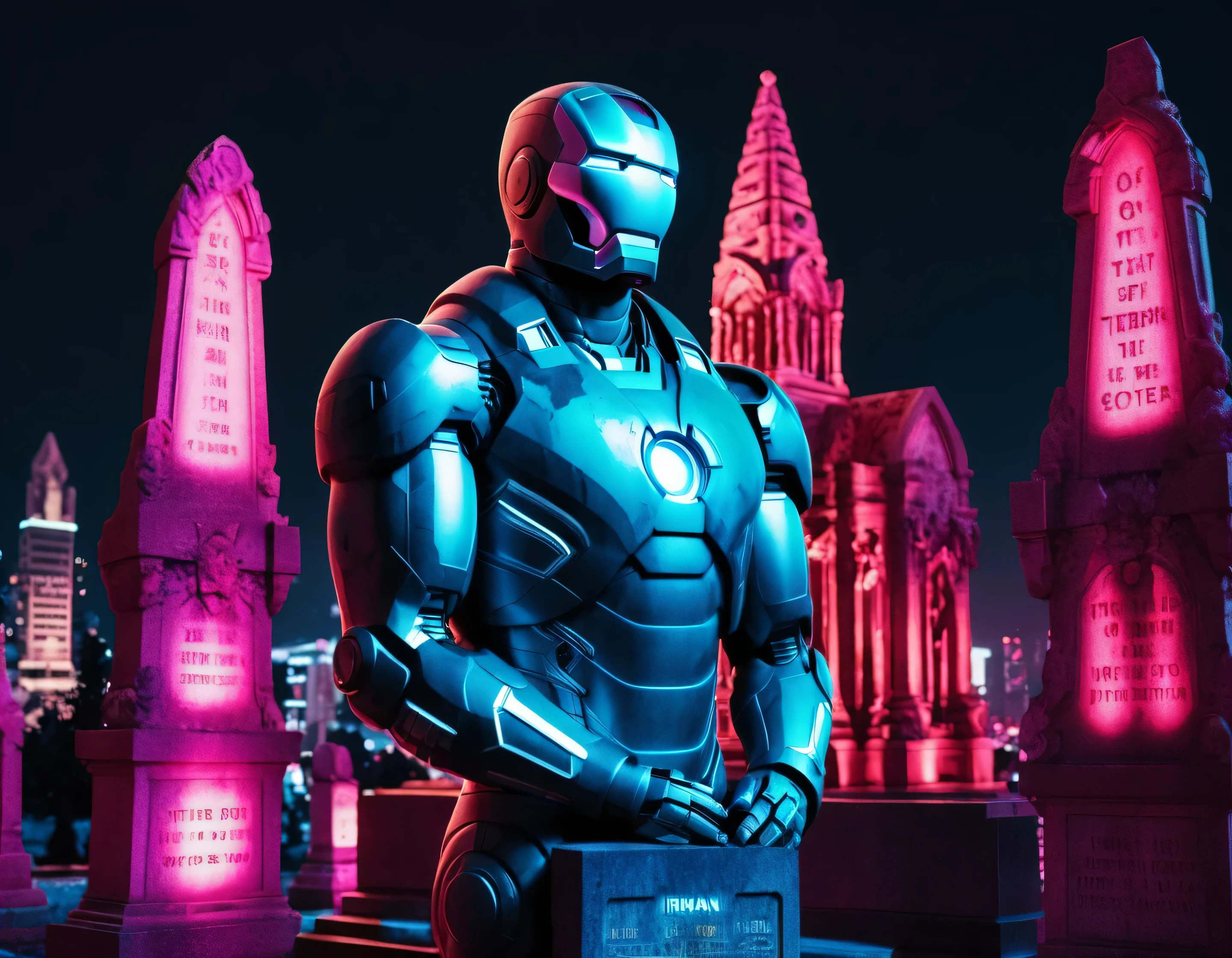 heroic stone (gravestone) of Ironman, bright cemetery in the middle of a futuristic city nighttime backlit vibrant neon lights high-saturation, analog photo (film grain)