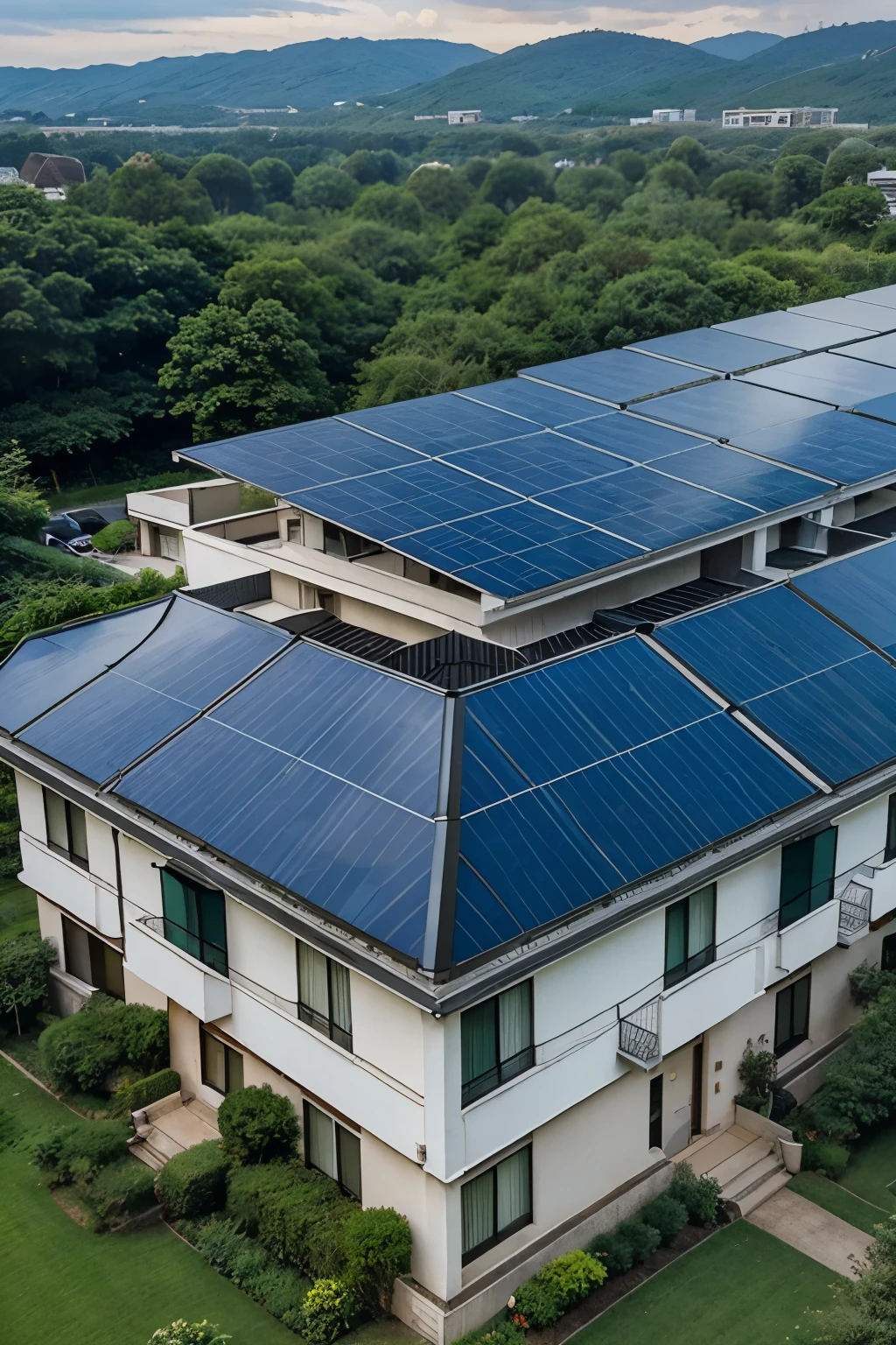 hotel surrounded by greenery and whose roof is covered with solar panels
