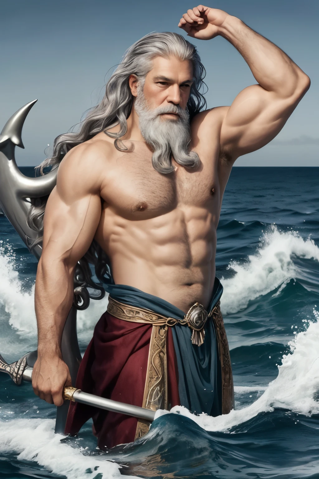 Poseidon,grey beard,muscular body,sea,white skin,trident,king of the sea,crown,long curly grey hair