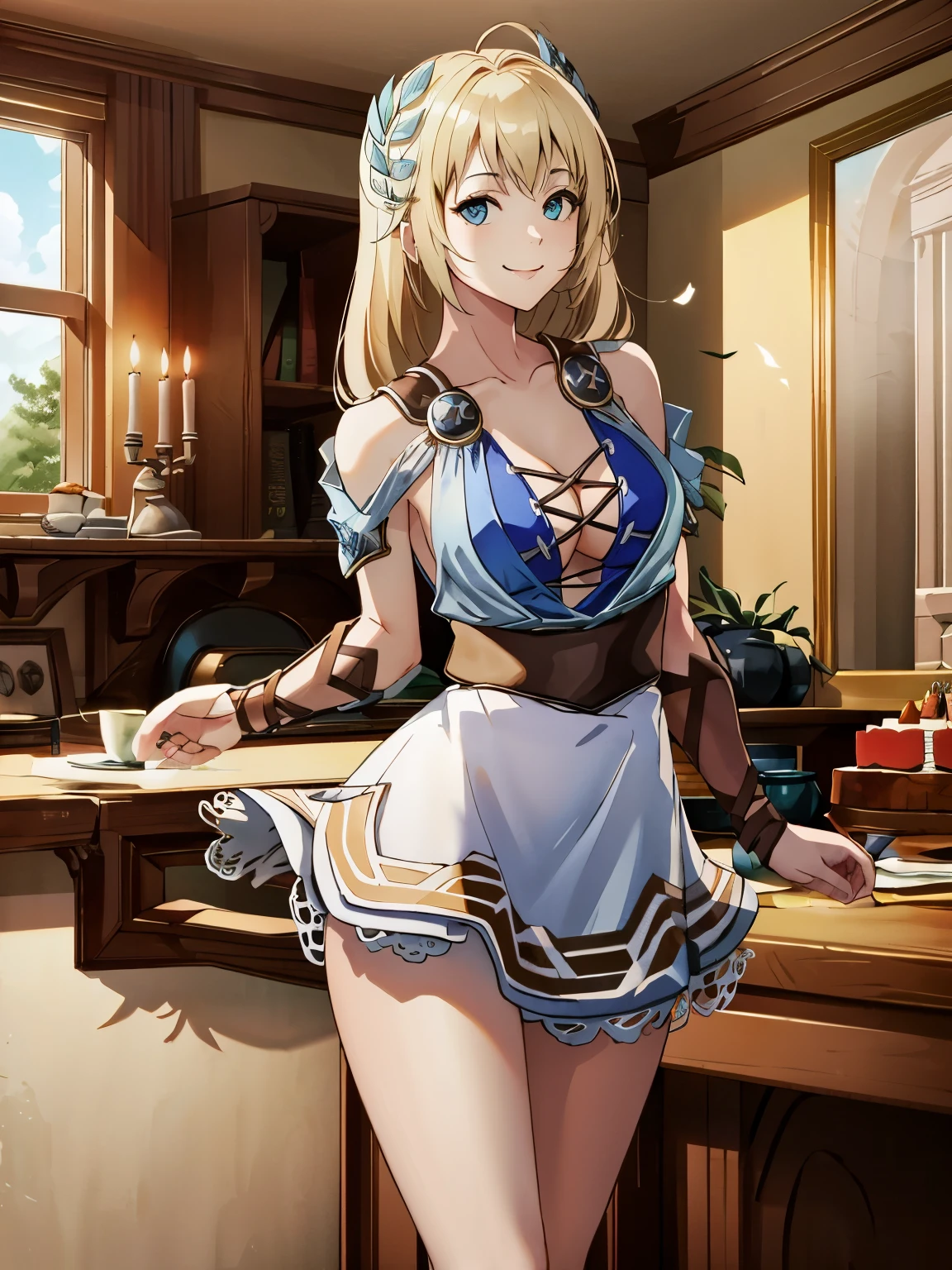 masterpiece, highest quality, Sophitia Alexandre,blonde,birthday,birthday cake,inside the house,(light blue sleeveless clotheini skirt,smile,