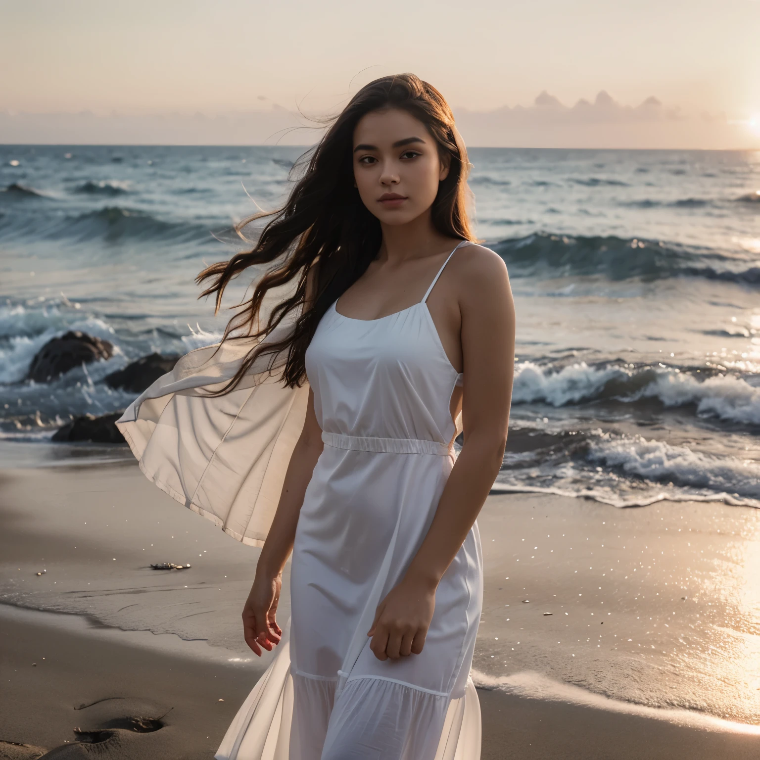 8k, highest quality, ultra details, hispanic A photorealistic image showcases a hispanic girl with a serene expression, her wavy black hair cascading down her back. She stands on a picturesque beach at sunset, with waves gently crashing against the shore. The girl wears a flowing, ethereal white dress that billows in the breeze. The camera captures her from a distance, allowing the viewer to appreciate the vastness of the beach and the vibrant colors of the sunset. Perfectly framing the girl against the stunning natural backdrop. The lighting is soft and warm, casting a golden glow on the scene. This image captures the tranquility and beauty of the girl's connection to nature.