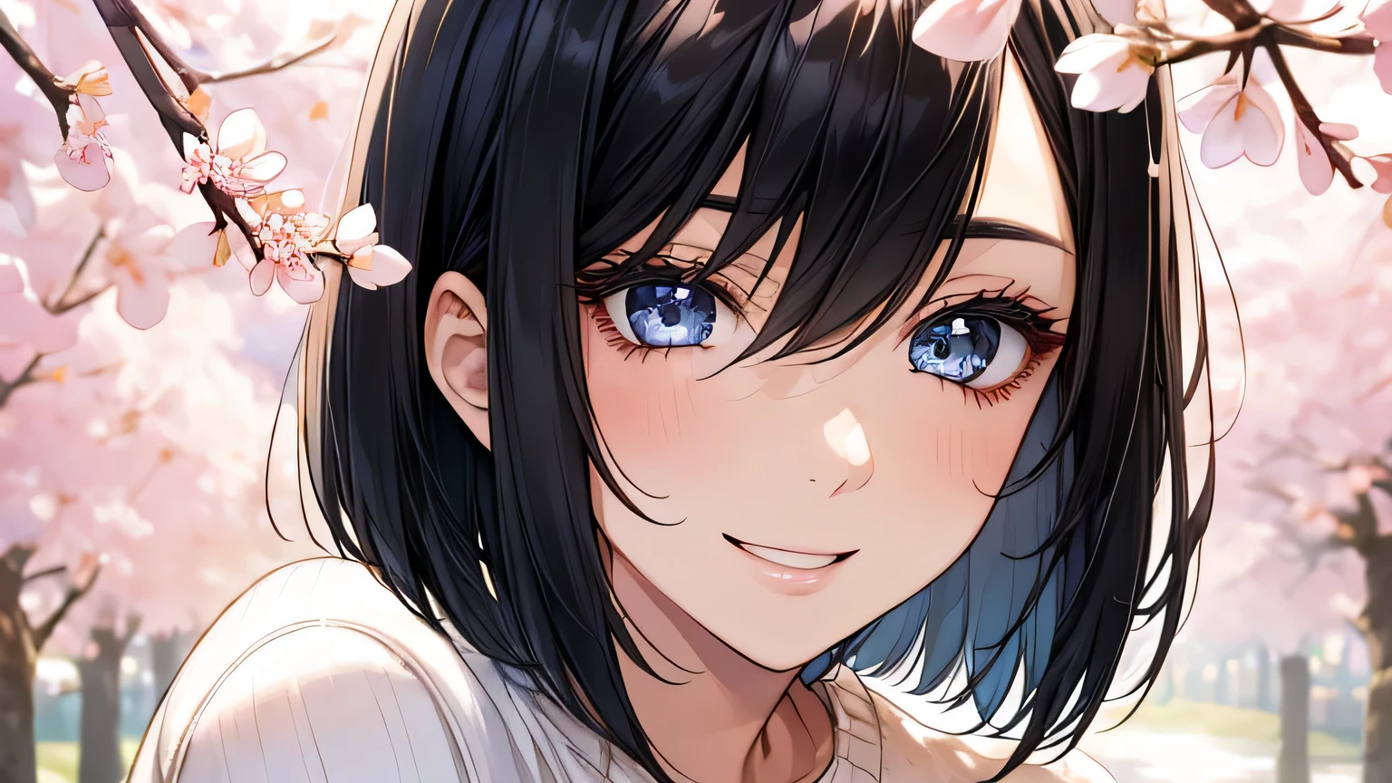 1 female、28 years old、Adult and realistic face、long face、beautiful hair, black hair、shortcut、bob cut、fine and beautiful eyes、big slanted eyes, Are you okay、A big smile full of softness、light blue knit sweater、Watching the cherry blossoms alone