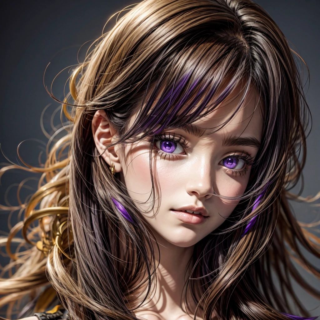 CGI image, best quality, masterpiece, (detailed face), detailed background, dramatic lighting, teen 1girl, ((purple eyes)), long brown hair with bangs, wearing long yellow dress,