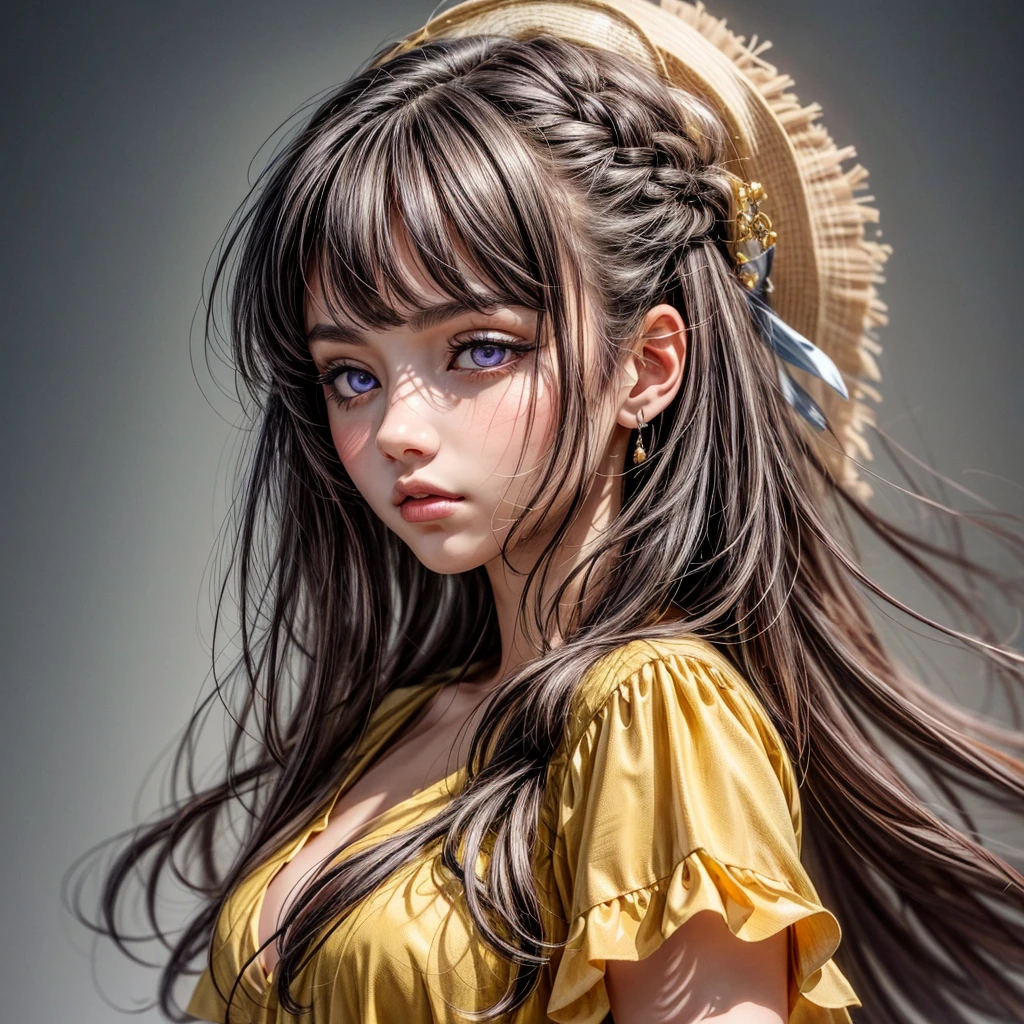 CGI image, best quality, masterpiece, (detailed face), detailed background, dramatic lighting, teen 1girl, ((purple eyes)), long brown hair with bangs, wearing long yellow dress,