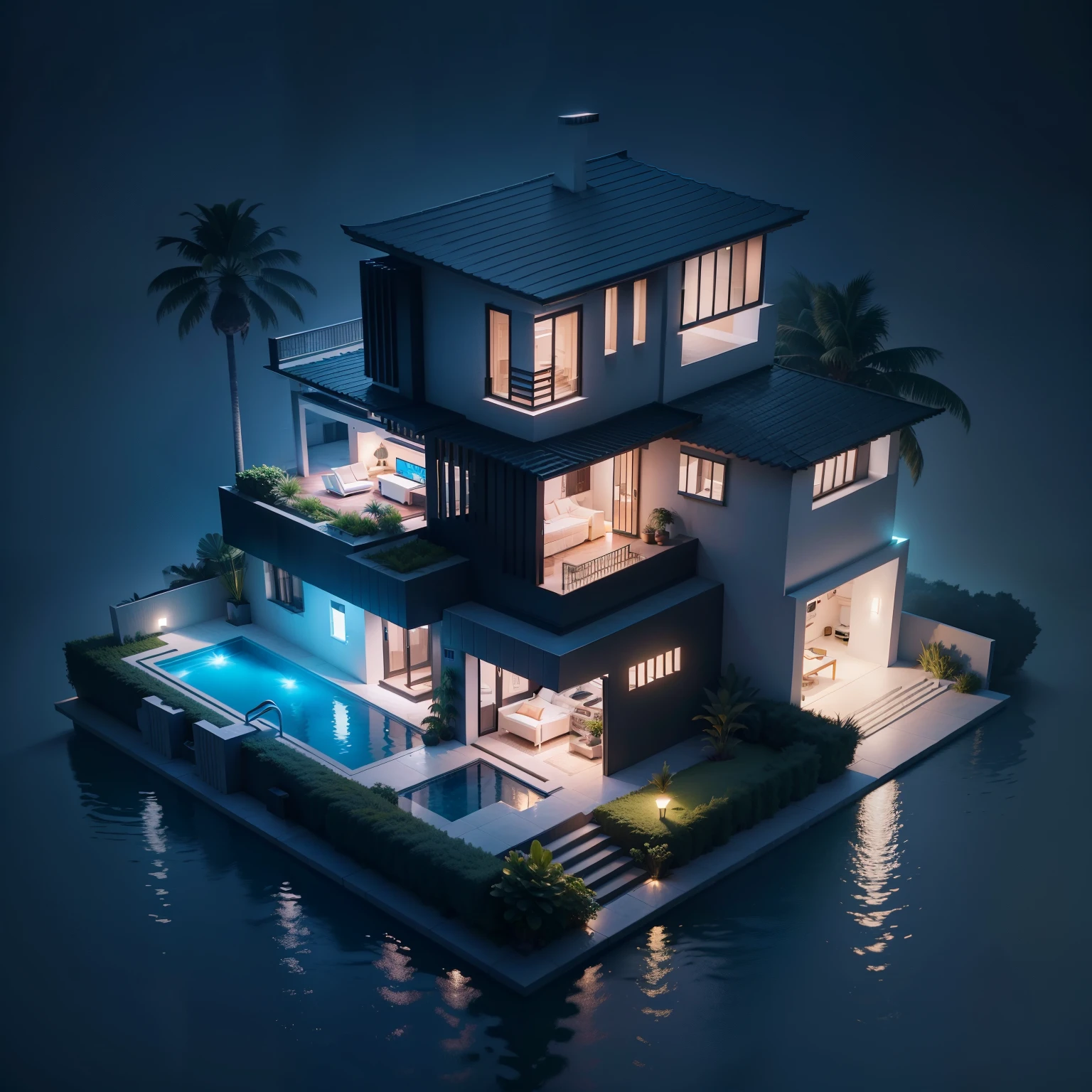 2-storey villa,Villa with pool and palm tree views, dark night environment,solid color backdrop,The house has its own lighting,stylized 3d render, isometric 8k, Futuristic villa, Isometric illustration style, isometric futuristic building, Isometric style,
