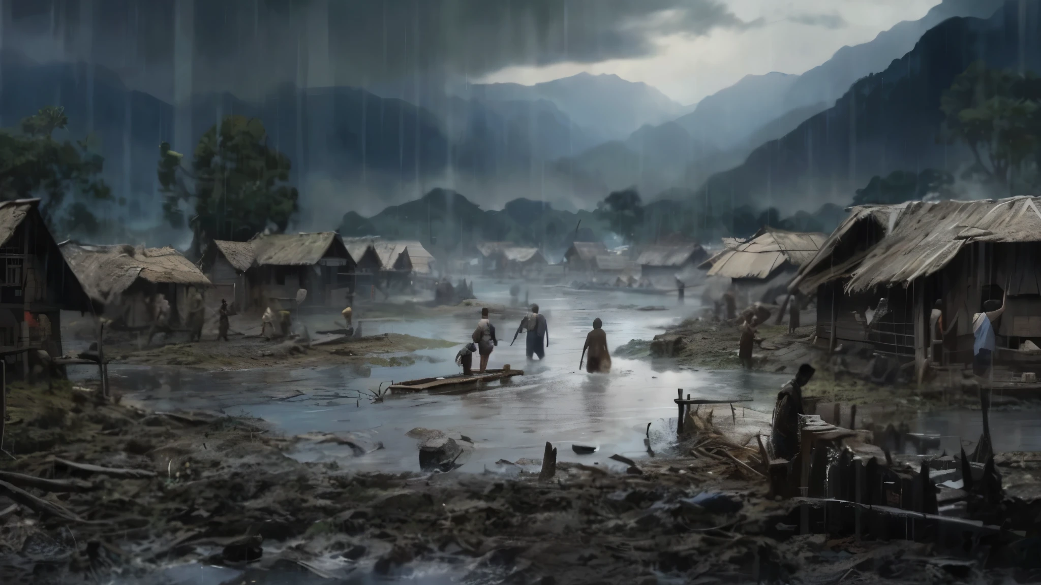 arafed village in the rain with people walking in the water, 8 k matte painting, 8k matte painting, concept art matte painting, 3d rendered matte painting, highly detailed matte painting, very beautiful matte painting, epic matte painting, matte painting concept art, 4 k matte painting, epic cinematic matte painting, cinematic matte painting, dramatic matte painting