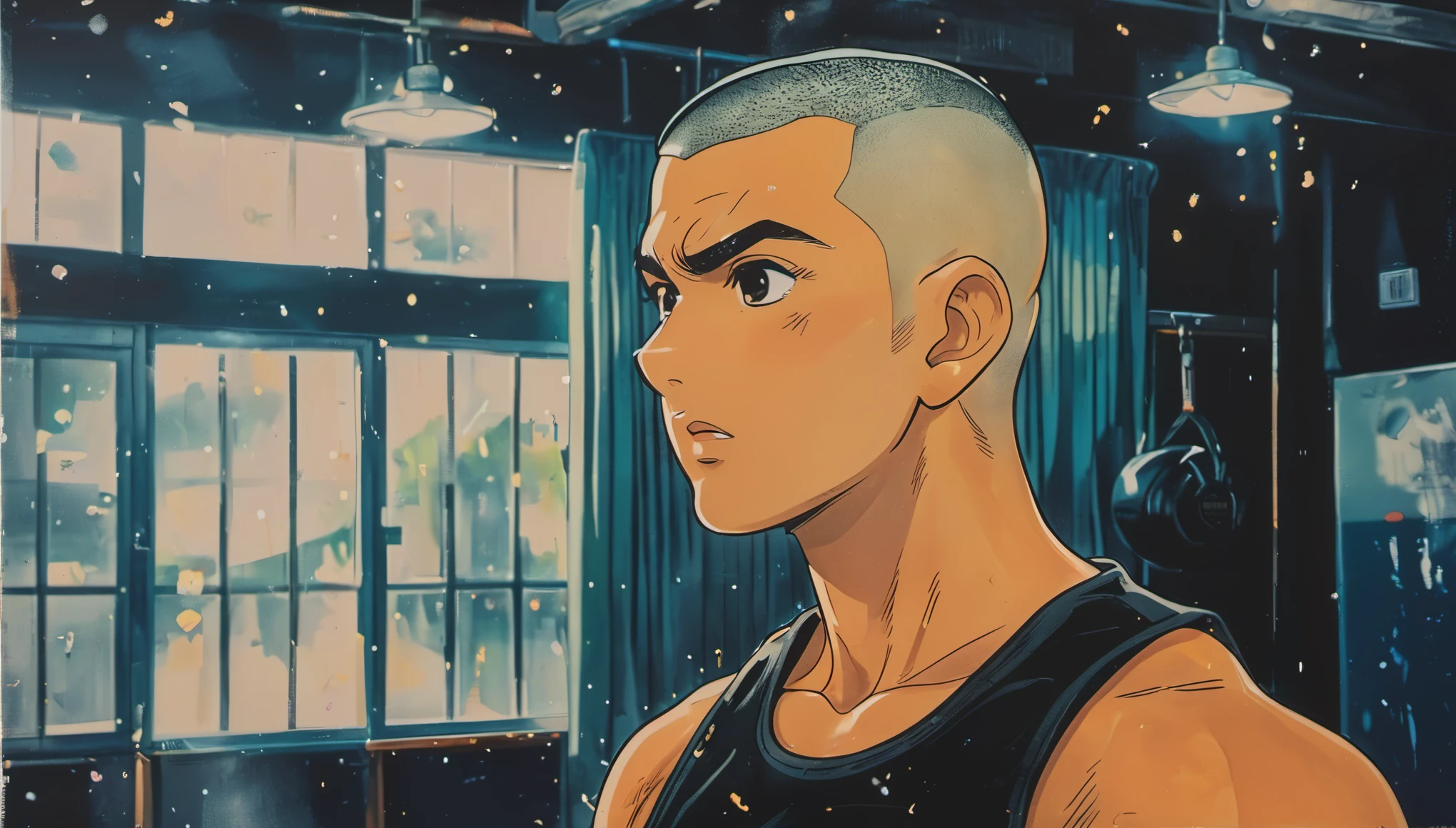 impactful paint of a buzz cut man in a gym   highly detailed,   8k,   sharp,  professional, clear,   high contrast, high saturated, , vivid deep blacks, crystal clear