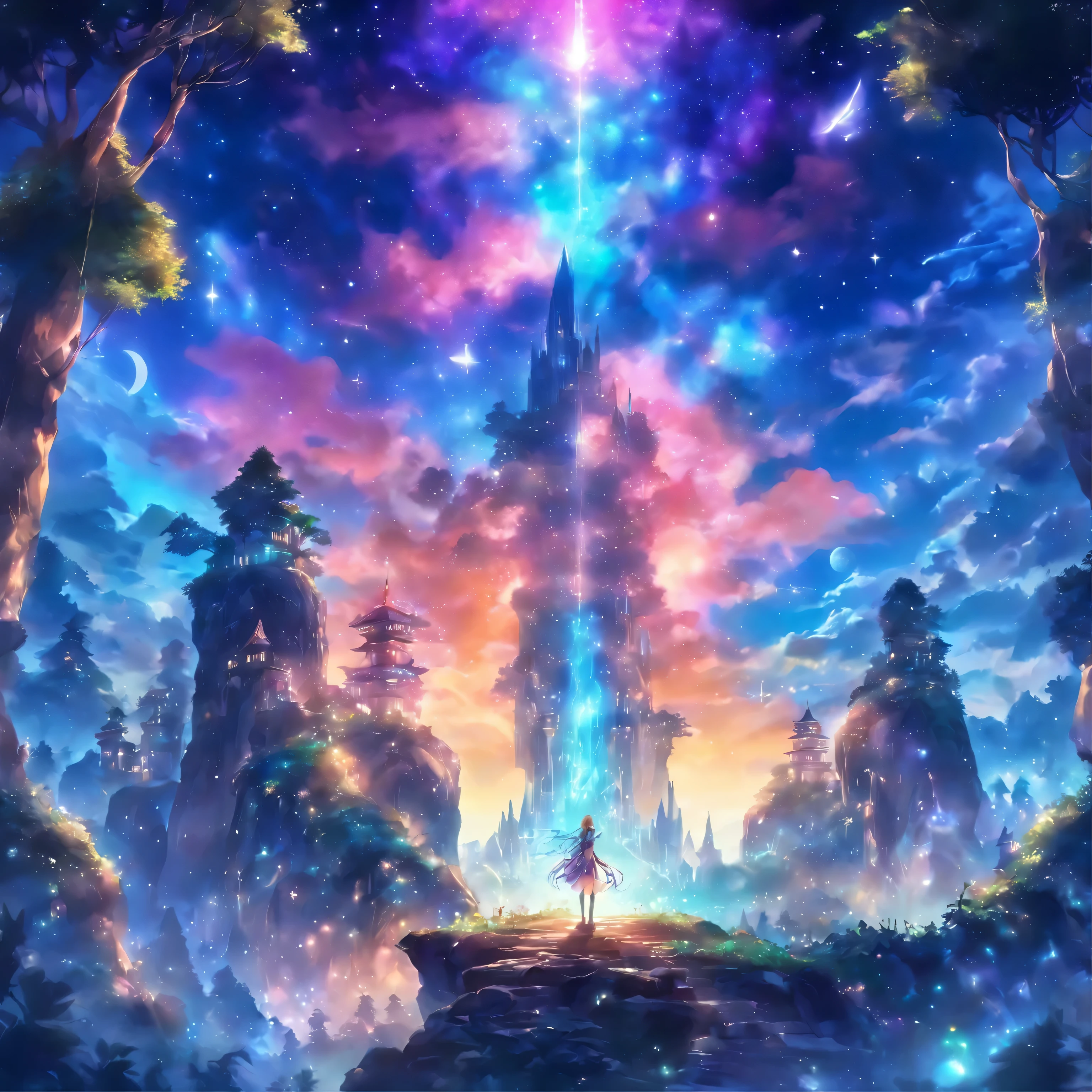 Fantasy-Elfenwelt,Der Mond schwebt nachts hoch,Galaxien schweben hoch,Meteore flogen,Niedliches Elfenpilzhaus,Sehr detailiert,Tendenz,Bunte junge Elfenfrau sitzt auf einem Stein