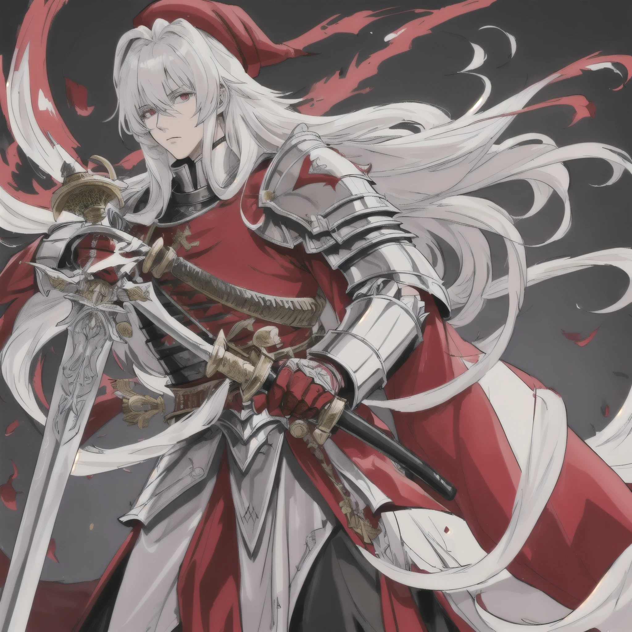 A long-haired male albino knight, Wearing heavy armor，Wearing a red hat，Holding a long sword