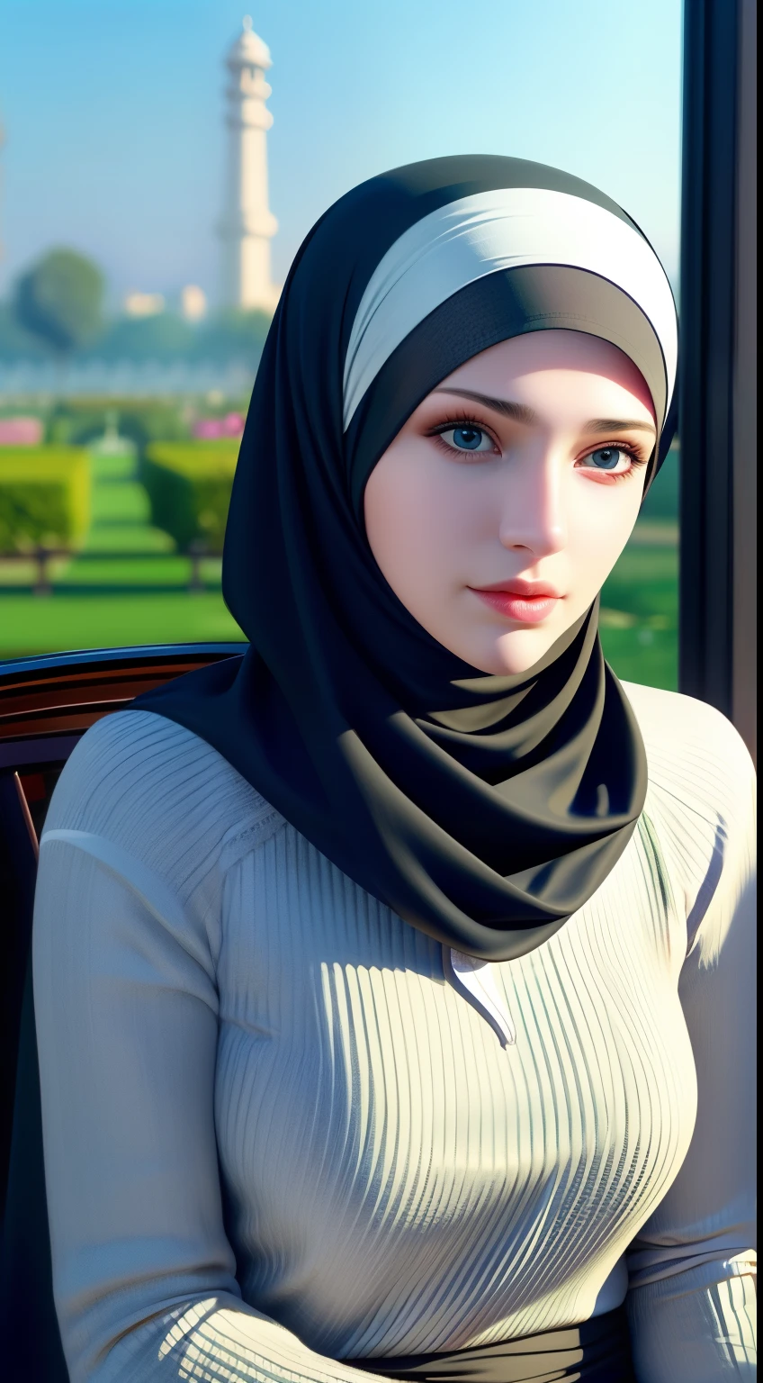 1girl, solo, beautiful face, high detailed realistic eyes, double eyelids, high detailed realistic pupils, (upon body from head to waist:1.36), (wearing hijab:1.37), (moslem headscarf:1.37), reading glasses, sitting alone on a long chair, amazing mosque park background, taj mahal, best quality, masterpiece, highres, black and white moslem female dress, Beautiful face, (upon body from head to waist:1.35), tyndall effect, photorealistic, dark studio, two tone lighting, 8k uhd, dslr, soft lighting, high quality, volumetric lighting, candid, Photograph, high resolution, 4k, 8k, Bokeh, (hyperrealistic girl), (illustration), (high resolution), (extremely detailed), (best illustration), (beautiful detailed eyes), (best quality), (ultra-detailed), (masterpiece), (wallpaper), (photorealistic), (natural light), (rim lighting), (detailed face), (high detailed realistic skin face texture), (anatomically correct), (heterochromic eyes), (detailed eyes), (sparkling eyes), (dynamic pose), (hair completely covered by the hijab:1.35), looking to viewer