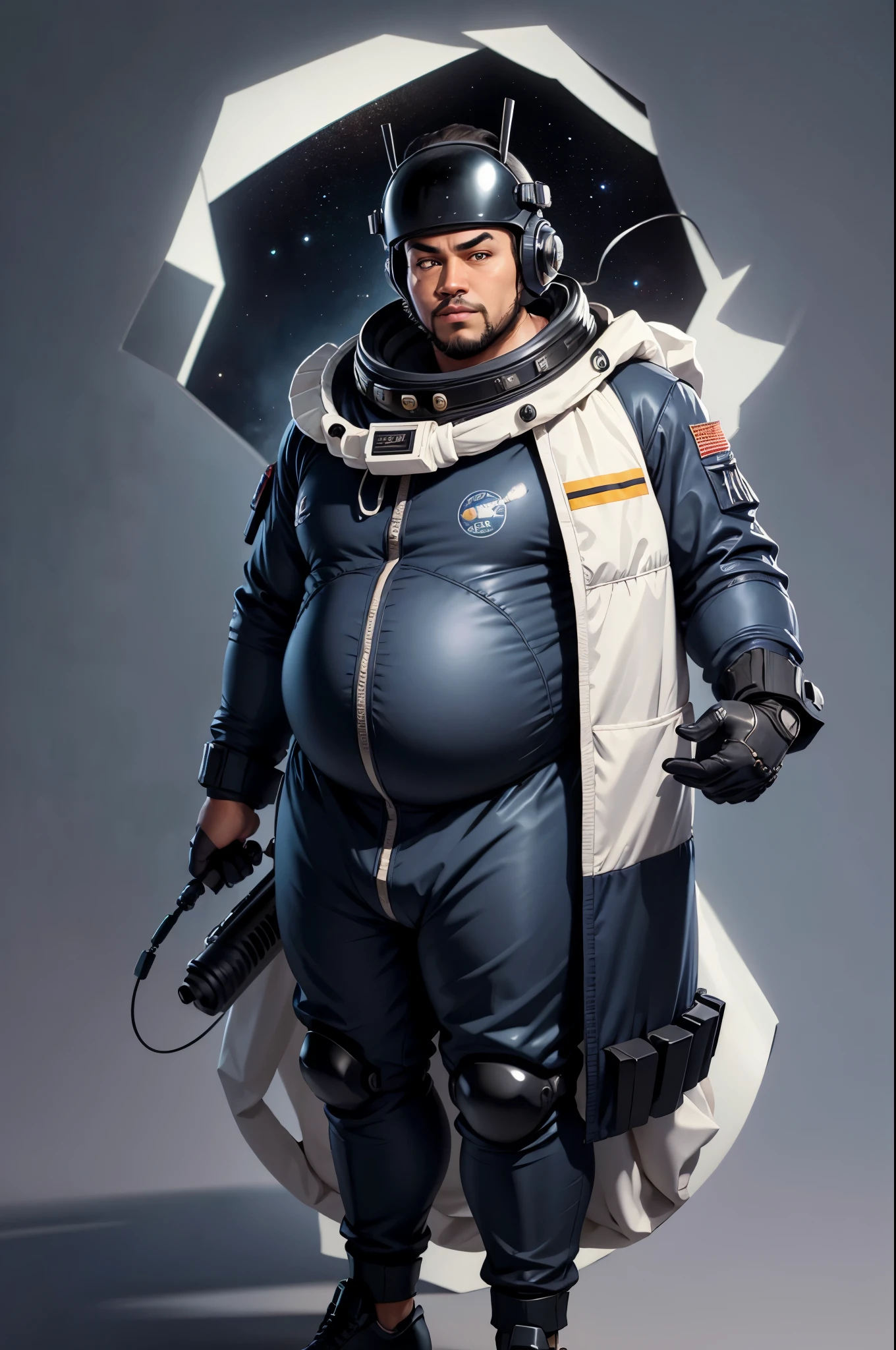 ((a cartoon character of a man in a space suit)), (a man), concept art inspired by Doug Ohlson, spacesuit a little loose, (spacesuits in navy blue, with details in yellow and white), (wearing space helmet on head), trending on deviantart, digital art, discord profile picture, datanft as a data avatar, (appears to be overweight), (fat man), (long waist), (large abdomen), (black skin), (with both hands on your waist), (feeling proud), (expressing confidence and determination for the mission),(curly and wavy hair), perfect full body framing, super detailed face, intricate details, in a space cadet outfit, svg illustration, clothed in space suit, wears tiny spacesuit, dusty space suit, derg, diego 5, 2dcg, (super resolution), (Ray tracing in the image), (8k image), (high level of detail)