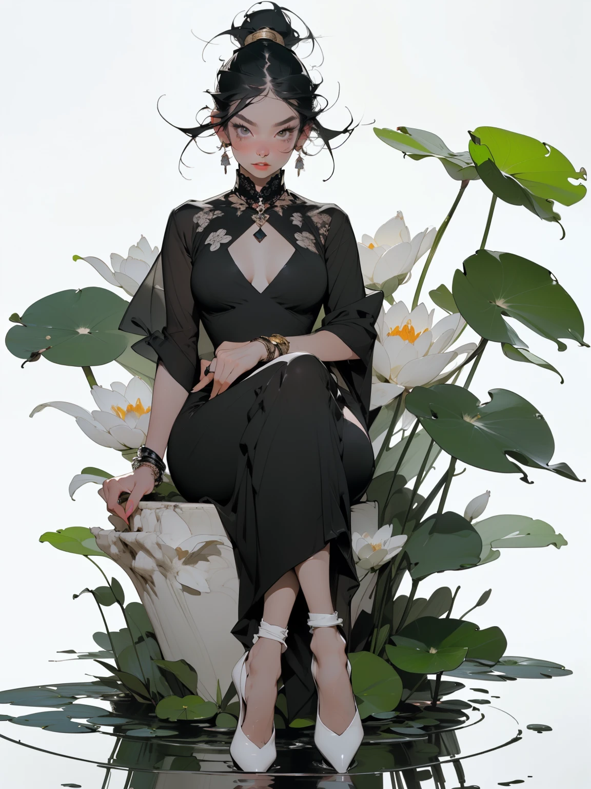 _((Create MaxZenArt!))_((Single, 1 girl, full body, Sexy sock, topless, black transparent chiffon dress, lace), (heels, foot shoes), (Sitting, wet, sexy, erotic ), (Hand on the waist))_((make-up mascara, soft scarlet lips), (straight black hair - long, cascade), (cold shine, wet straight black hair))_((minimalism, monotonous), (simple color palettes), (clean), (metaphysical garden), (symbolism), (abstraction), (smooth silhouettes))_((Top layer, clear line, clear masterful drawing, clean graphic line-stroke))_((NFV , Other), (new features, asymmetrical, geometric))_((Sexy materials and design), (erotic model), (simple, minimal accessories), (necklaces and thin rings in silver or gold), (simple bracelets, distinctive design, simple silhouettes), (simple and erotic style))_((Background),(abstraction-minimalism), (high quality materials), (fresh, color fill, wide brushstroke, simplicity and sophistication), (stunning white lilies, extremely unusual, long stems)), ((water, lilies, water lilies on the water)), ((white lilies - large stems)).