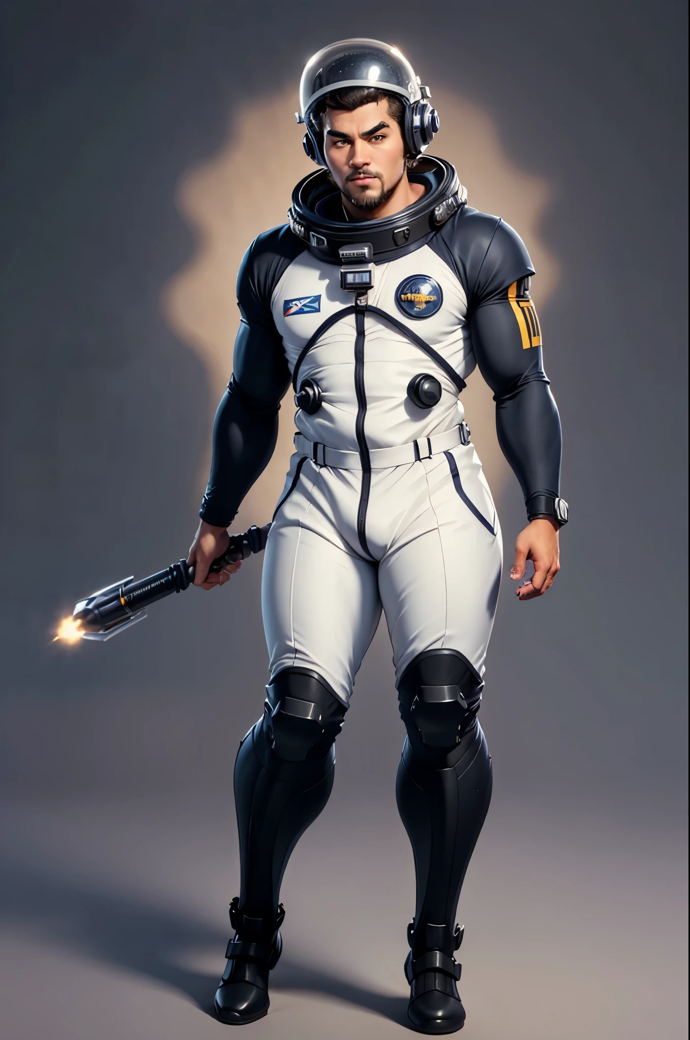 ((a cartoon character of a man in a space suit)), (a man), concept art inspired by Doug Ohlson, spacesuit a little loose, (spacesuits in navy blue, with details in yellow and white), (wearing space helmet on head), trending on deviantart, digital art, discord profile picture, datanft as a data avatar, (appears to be overweight), (fat man), (long waist), (large abdomen), (black skin), (with both hands on your waist), (feeling proud), (expressing confidence and determination for the mission),(curly and wavy hair), perfect full body framing, super detailed face, intricate details, in a space cadet outfit, svg illustration, clothed in space suit, wears tiny spacesuit, dusty space suit, derg, diego 5, 2dcg, (super resolution), (Ray tracing in the image), (8k image), (high level of detail)