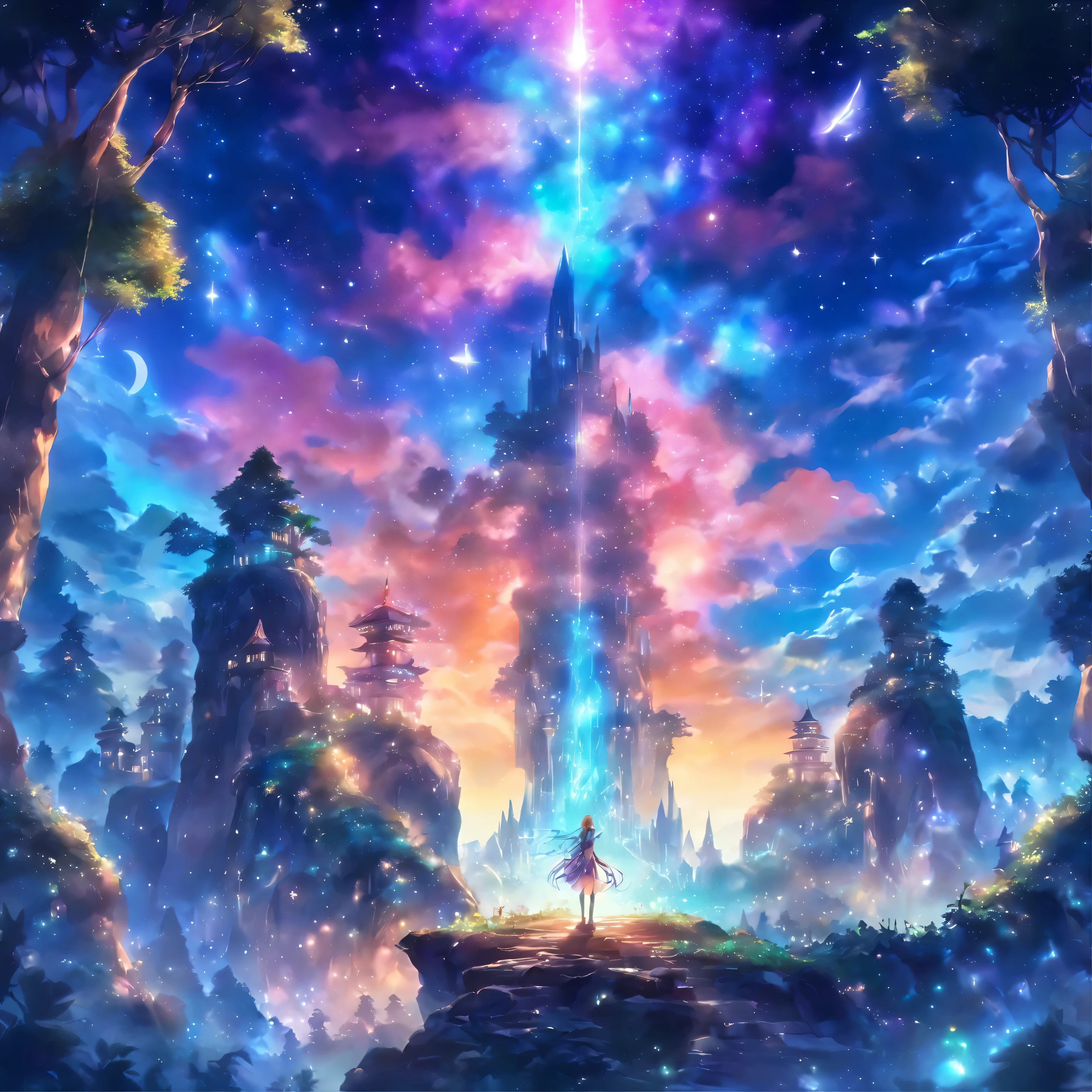 Fantasy-Elfenwelt,Der Mond schwebt nachts hoch,Galaxien schweben hoch,Meteore flogen,Niedliches Elfenpilzhaus,Sehr detailiert,Tendenz,Bunte junge Elfenfrau sitzt auf einem Stein