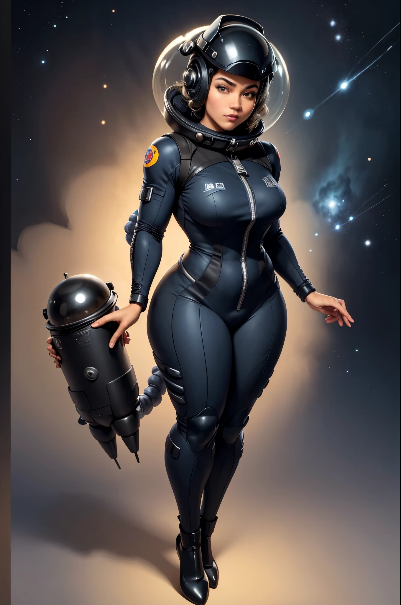 ((a cartoon character of a man in a space suit)), (a man), concept art inspired by Doug Ohlson, spacesuit a little loose, (spacesuits in navy blue, with details in yellow and white), (wearing space helmet on head), trending on deviantart, digital art, discord profile picture, datanft as a data avatar, (appears to be overweight), (fat man), (long waist), (large abdomen), (black skin), (with both hands on your waist), (feeling proud), (expressing confidence and determination for the mission),(curly and wavy hair), perfect full body framing, super detailed face, intricate details, in a space cadet outfit, svg illustration, clothed in space suit, wears tiny spacesuit, dusty space suit, derg, diego 5, 2dcg, (super resolution), (Ray tracing in the image), (8k image), (high level of detail)