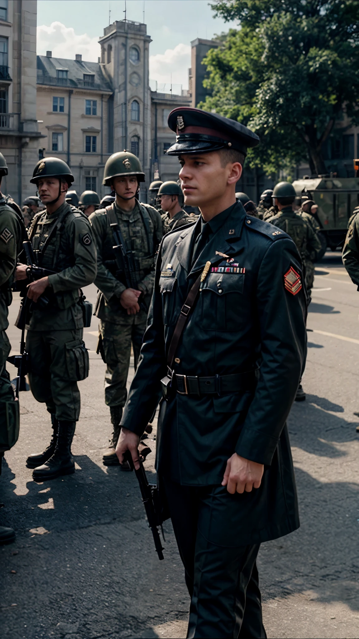 soldiers in uniform stand in a line in front of a building, still from a live action movie, soldiers, screenshot from a movie, several soldiers, still from the film, scene from live action movie, by Emma Andijewska, scene from the film, still image from the movie, still from the movie, army parade glorious march, ww2 era, ww 2