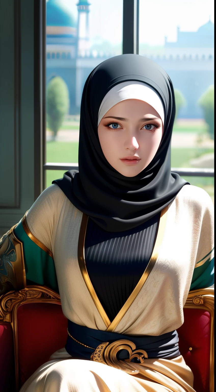 1girl, solo, beautiful face, high detailed realistic eyes, double eyelids, high detailed realistic pupils, (upon body from head to waist:1.36), (wearing hijab:1.37), (moslem headscarf:1.37), reading glasses, sitting alone on a long chair, amazing mosque park background, taj mahal, best quality, masterpiece, highres, black and white moslem female dress, Beautiful face, (upon body from head to waist:1.35), tyndall effect, photorealistic, dark studio, two tone lighting, 8k uhd, dslr, soft lighting, high quality, volumetric lighting, candid, Photograph, high resolution, 4k, 8k, Bokeh, (hyperrealistic girl), (illustration), (high resolution), (extremely detailed), (best illustration), (beautiful detailed eyes), (best quality), (ultra-detailed), (masterpiece), (wallpaper), (photorealistic), (natural light), (rim lighting), (detailed face), (high detailed realistic skin face texture), (anatomically correct), (heterochromic eyes), (detailed eyes), (sparkling eyes), (dynamic pose), (hair completely covered by the hijab:1.35), looking to viewer