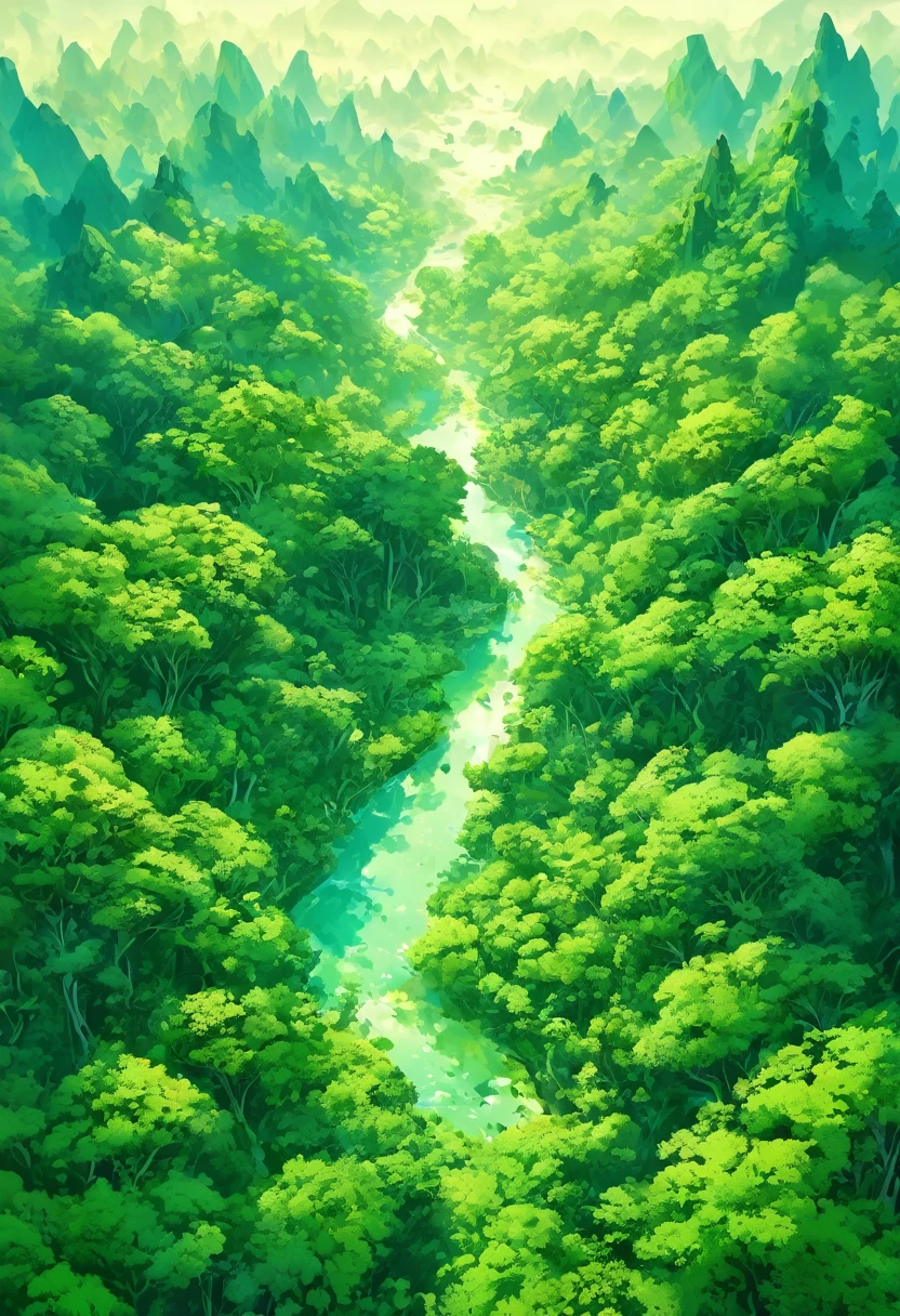 Top view of a winter forest from high in the sky，Fantasy snow scene from high altitude，You can feel the complex ecosystem. The perspective of aerial photography allows us to appreciate the beautiful scenery and intricate details of the landscape from a bird&#39;s-eye perspective. Fantasy landscape art , masterpiece, Beautiful detailed ultra high definition beautiful art 